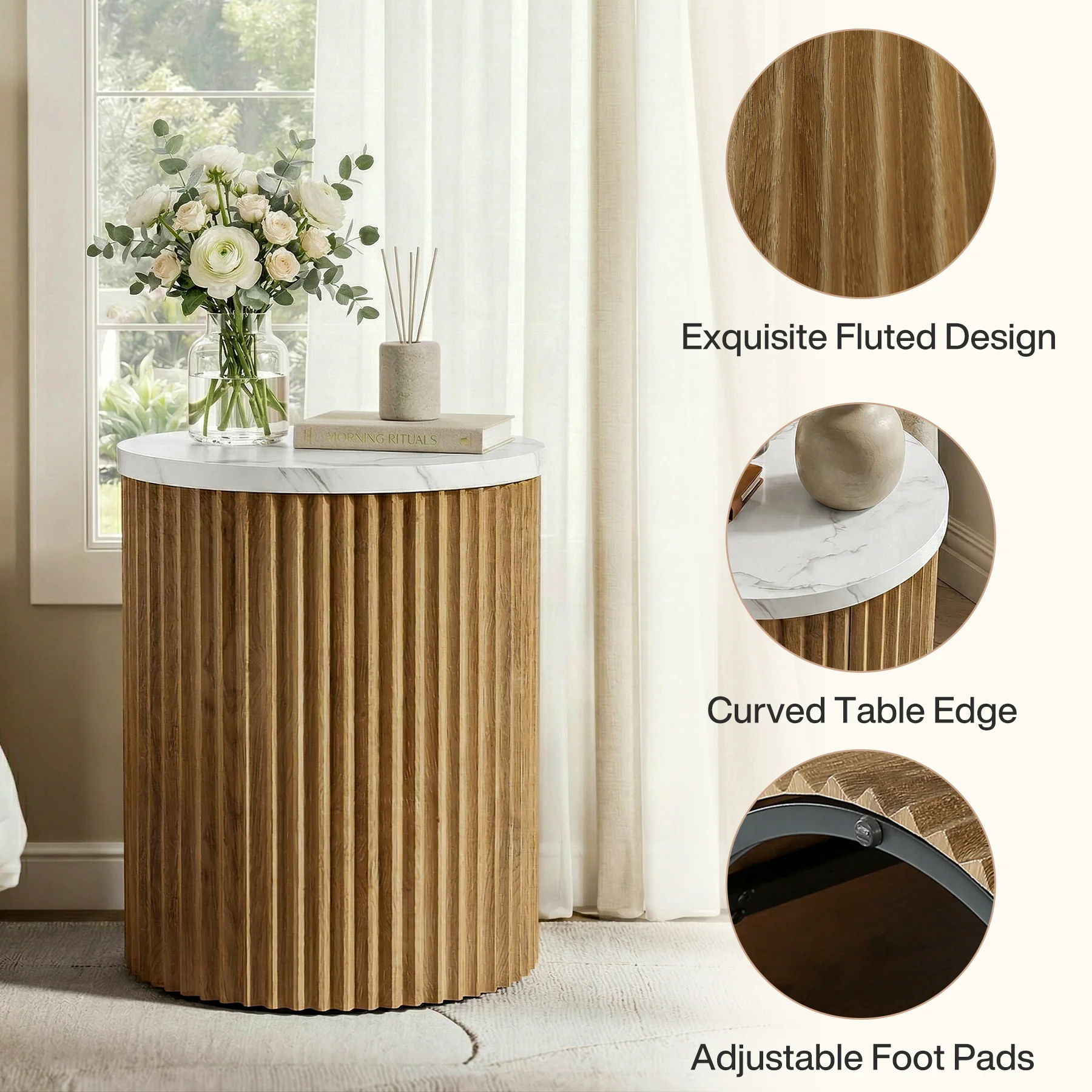 Round Nightstand, 23.6" Bedside Table with Faux Marble Tabletop & Fluted Base - Image 7
