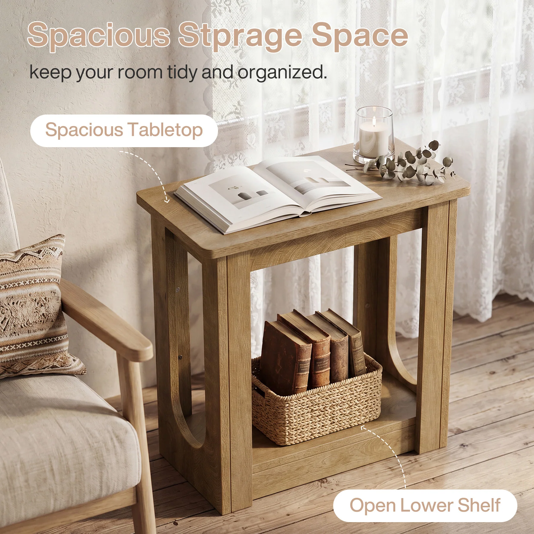 23.62" End Table with Storage Shelves, Narrow Side Table Nightstand for Living Room - Image 6