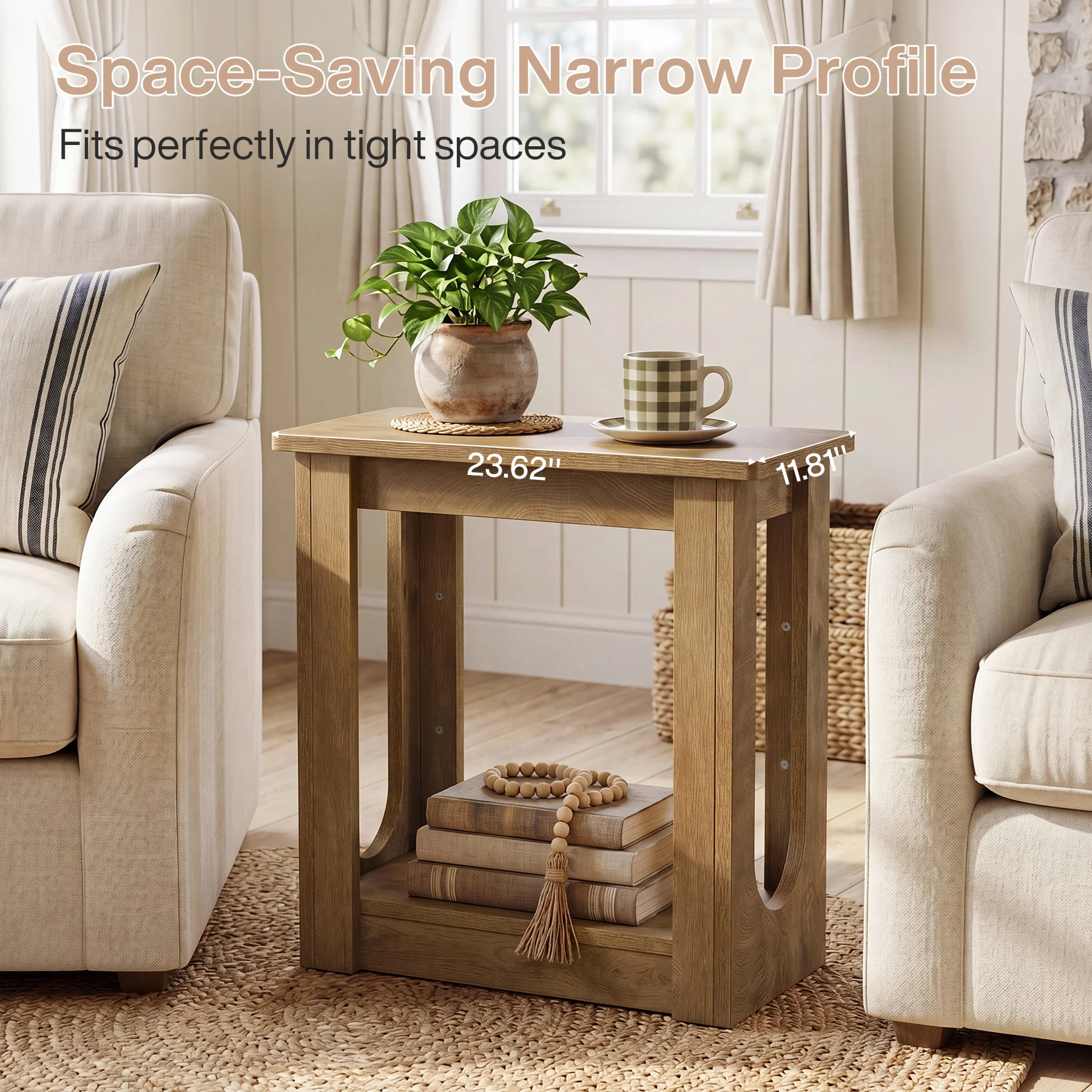 23.62" End Table with Storage Shelves, Narrow Side Table Nightstand for Living Room - Image 7