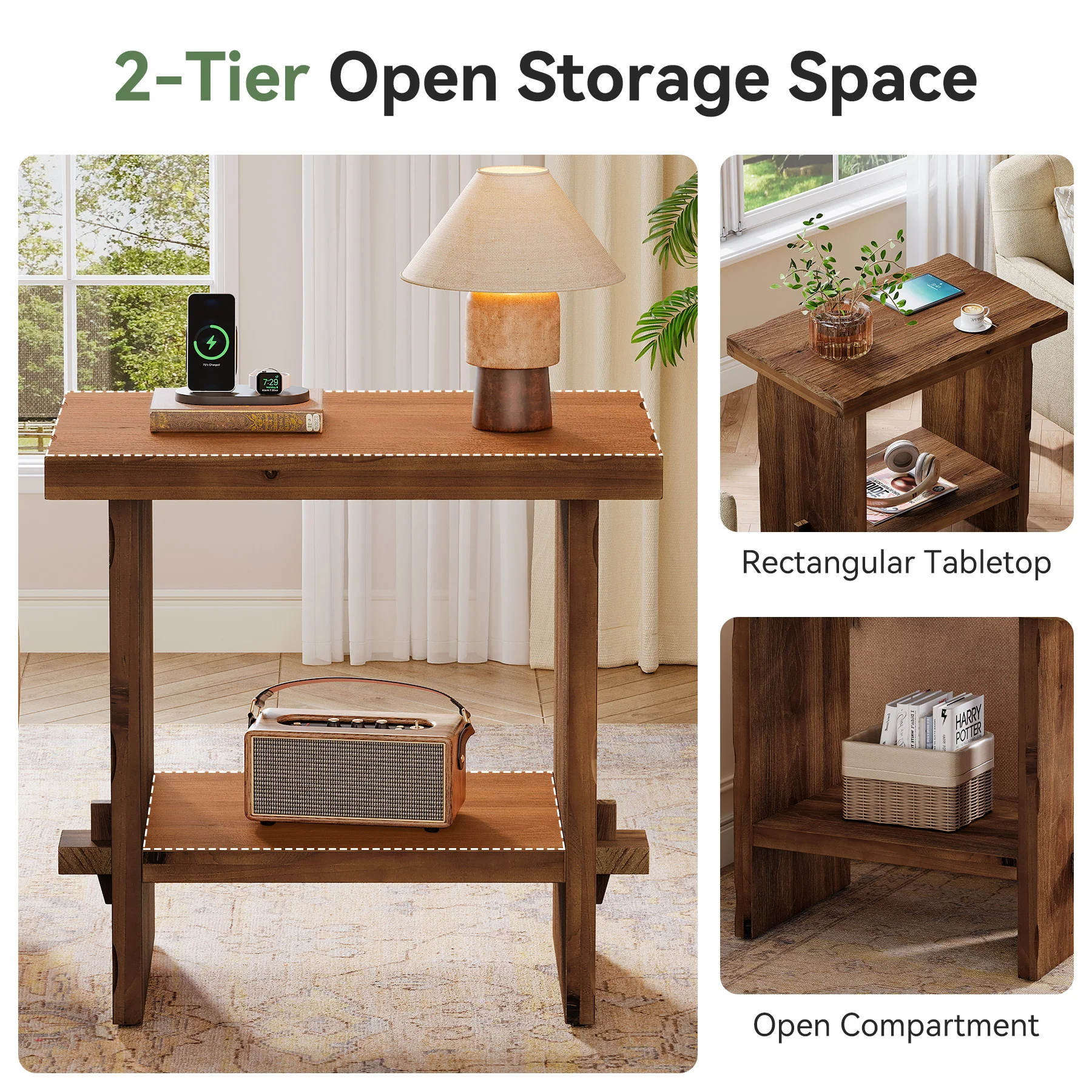 Tribesigns 23.62-Inch Solid Wood Side Table, Wooden End Table with Solid Base - Image 3