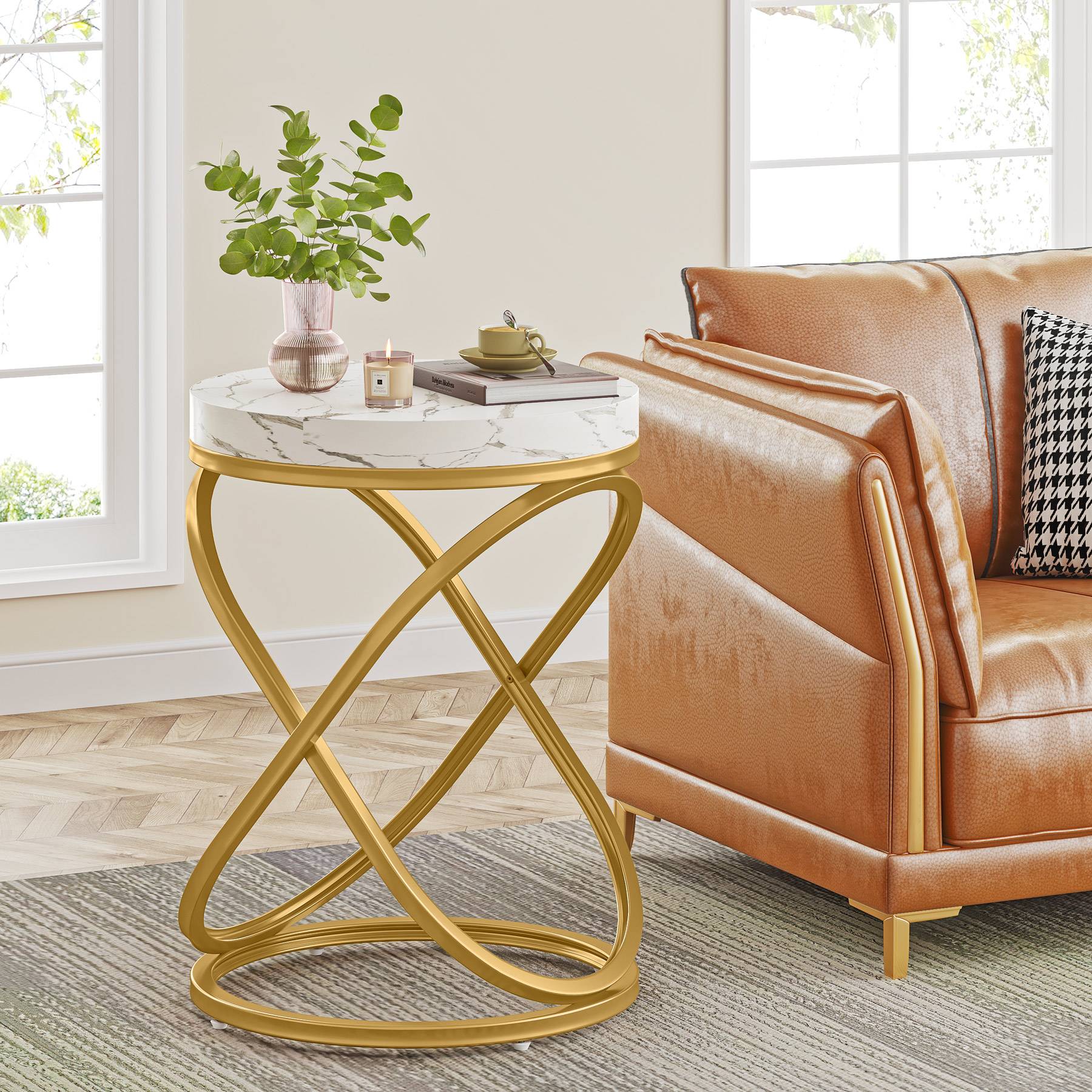 Round End Table, 26" Tall Sofa Side Table with Faux Marble Top - Image 3
