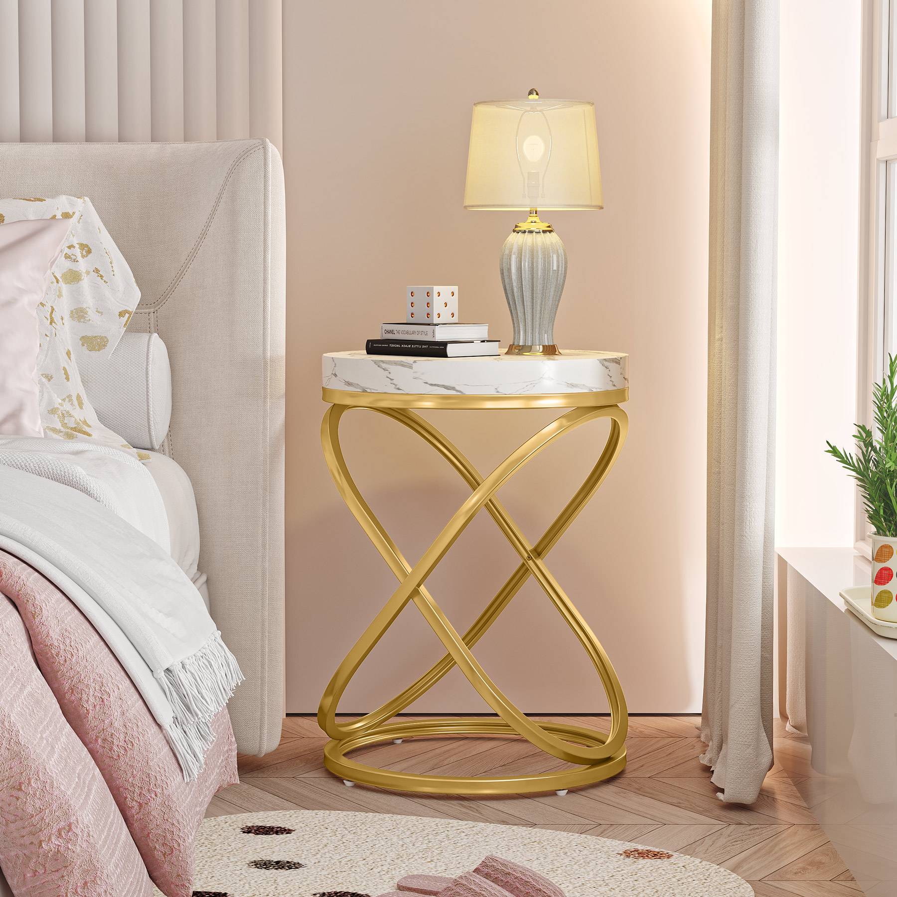 Round End Table, 26" Tall Sofa Side Table with Faux Marble Top - Image 4