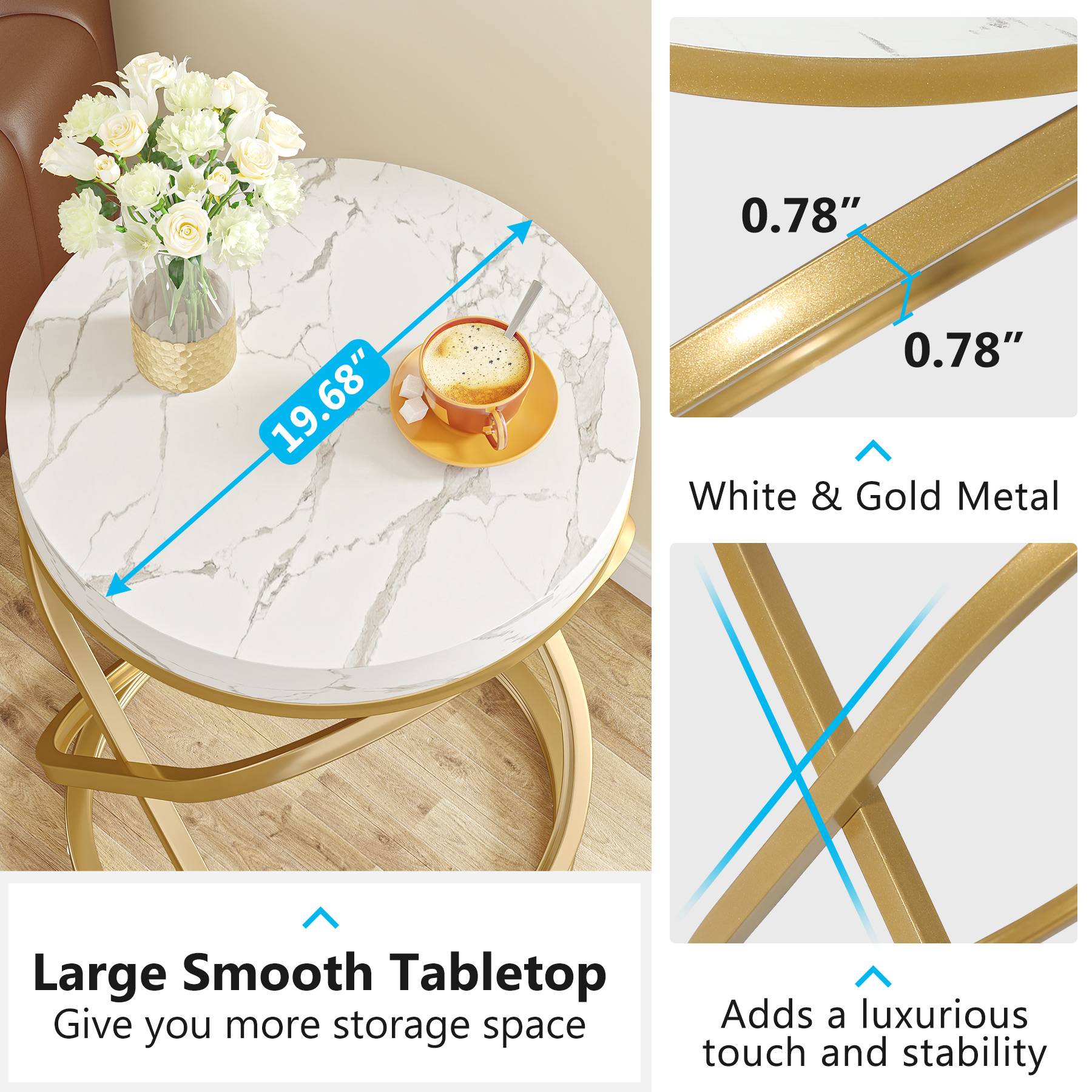Round End Table, 26" Tall Sofa Side Table with Faux Marble Top - Image 6