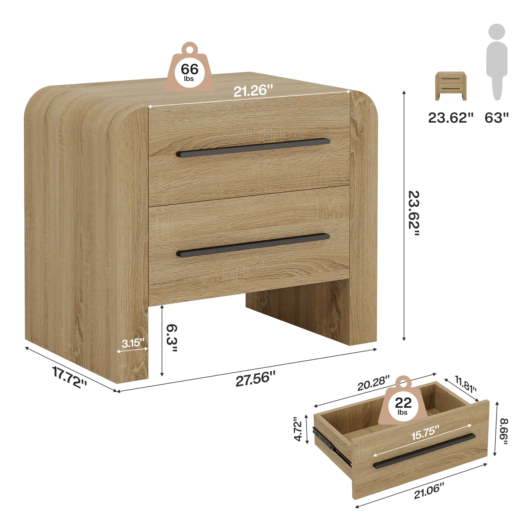 27.55" Nightstand with 2 Drawers, Modern Curved Bedside Table with Storage - Image 2
