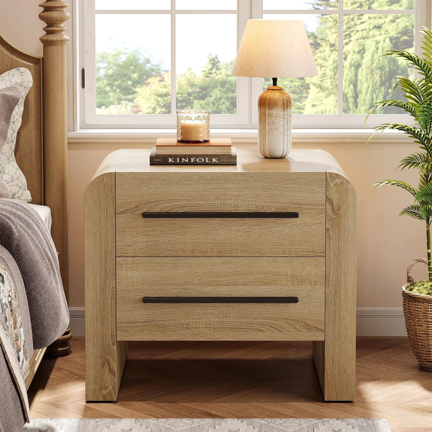 27.55" Nightstand with 2 Drawers, Modern Curved Bedside Table with Storage - Image 3