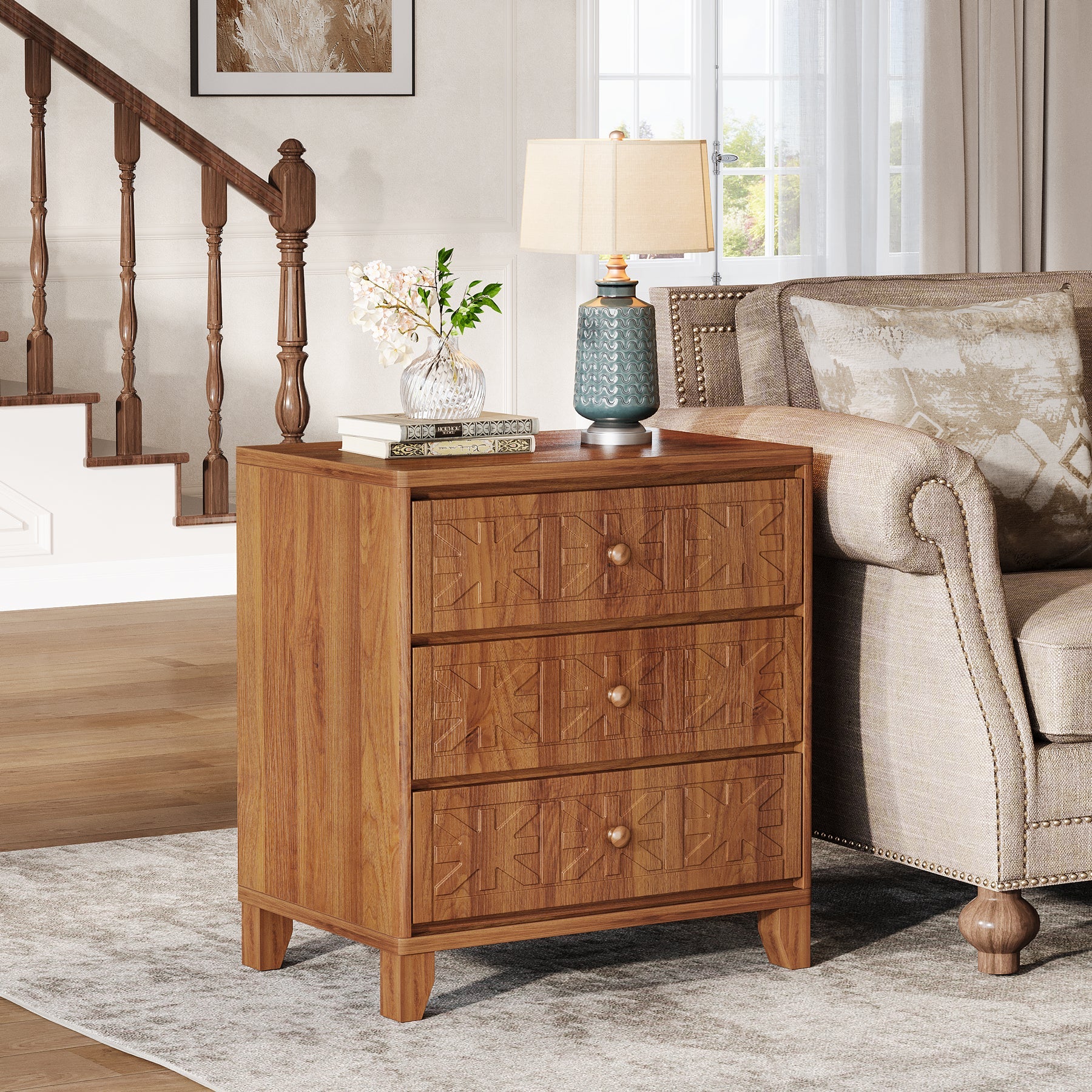 3-Drawer Nightstand, Farmhouse Bedside Table with Elegant Patterns - Image 3