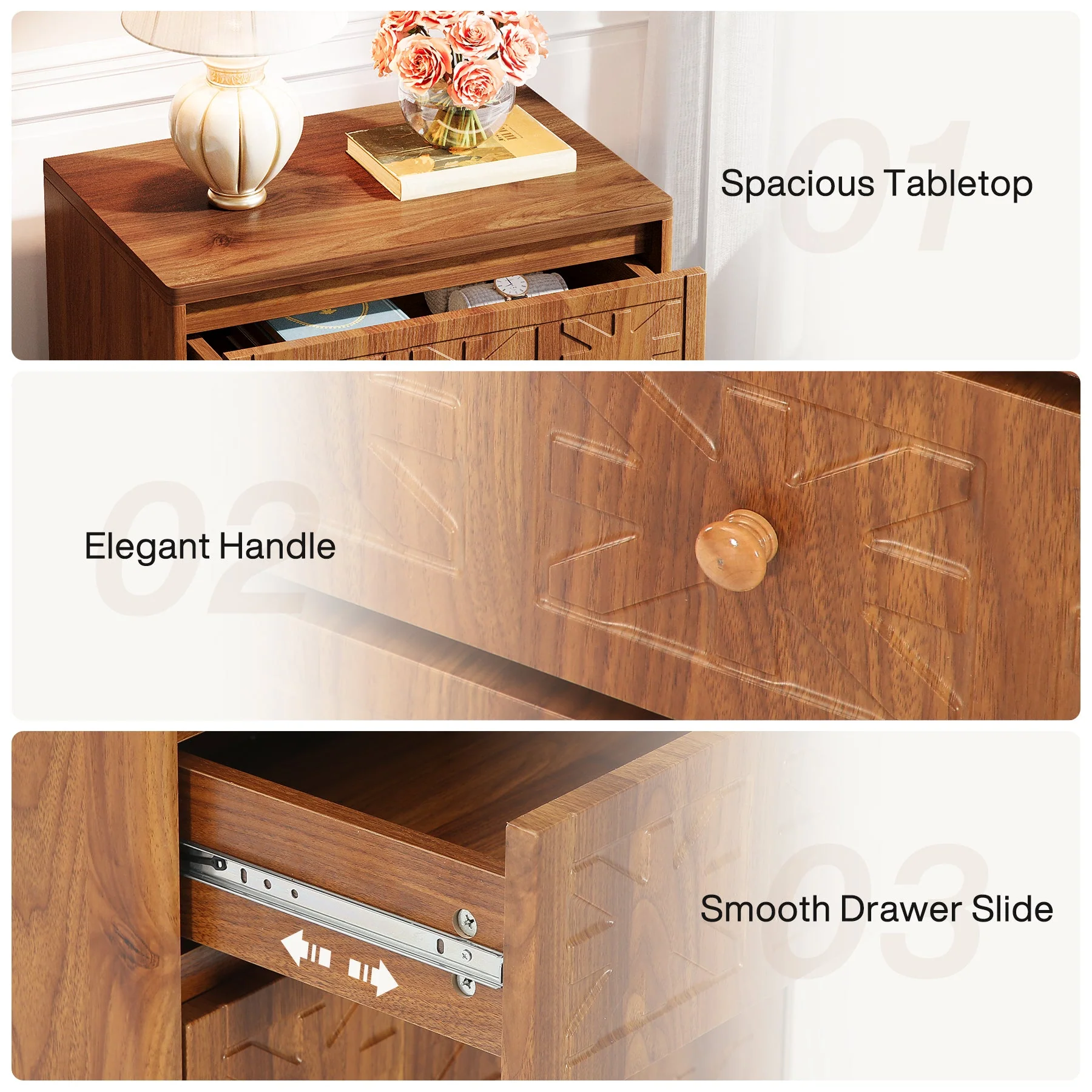 3-Drawer Nightstand, Farmhouse Bedside Table with Elegant Patterns - Image 6