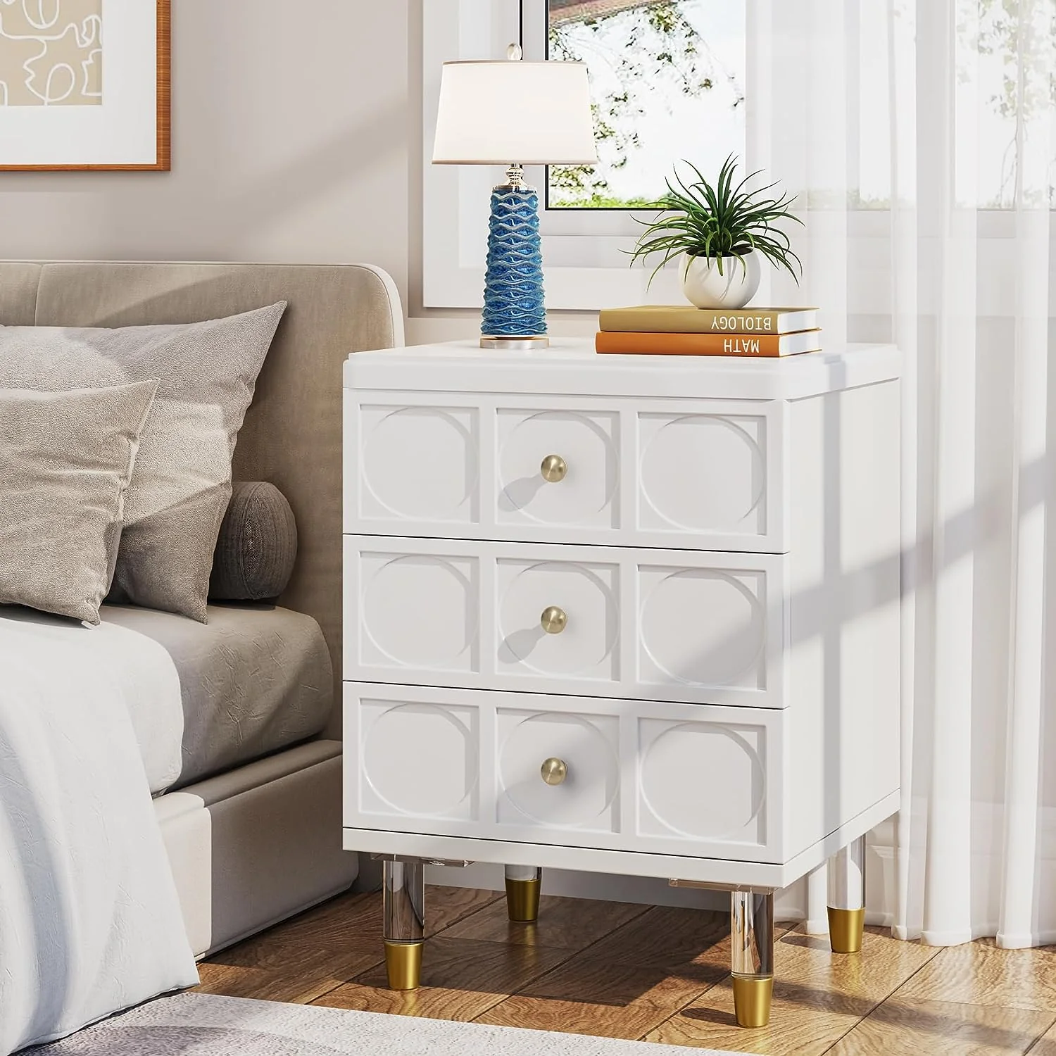 3-Drawer Nightstand Bedside Table with Acrylic Metal Legs - Image 3
