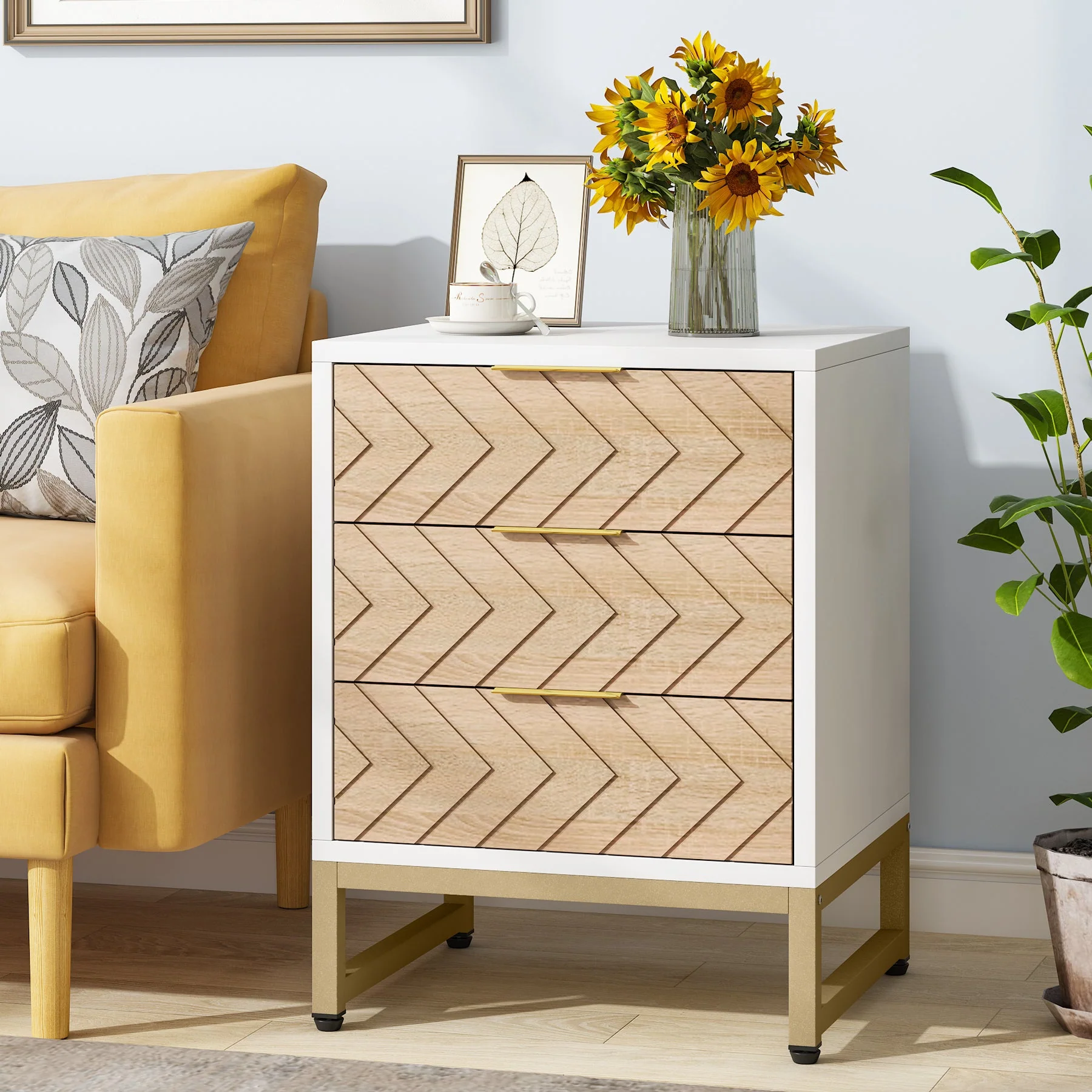 3 Drawers Nightstand, Modern Bedside End Table with Metal Frame - Image 3