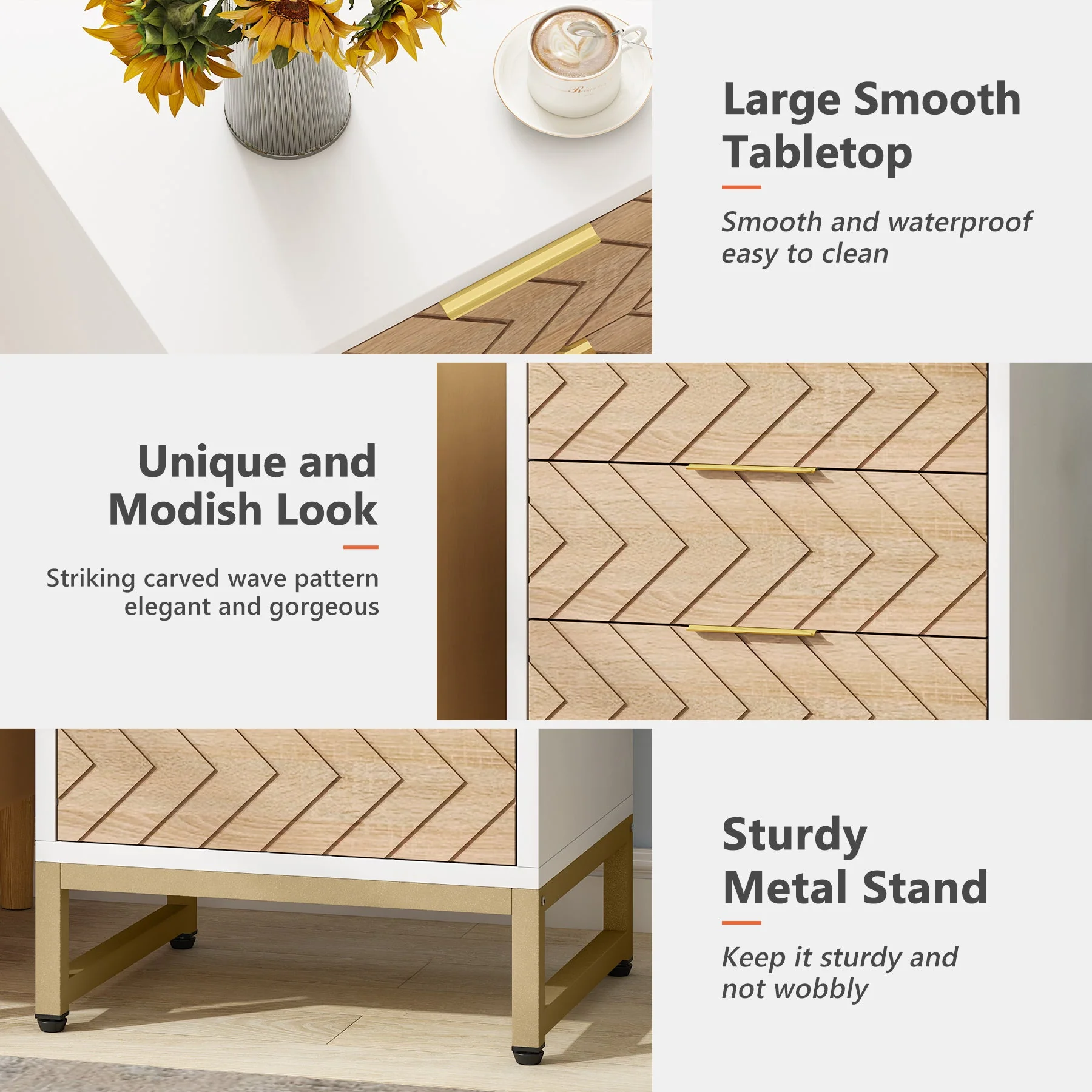 3 Drawers Nightstand, Modern Bedside End Table with Metal Frame - Image 6