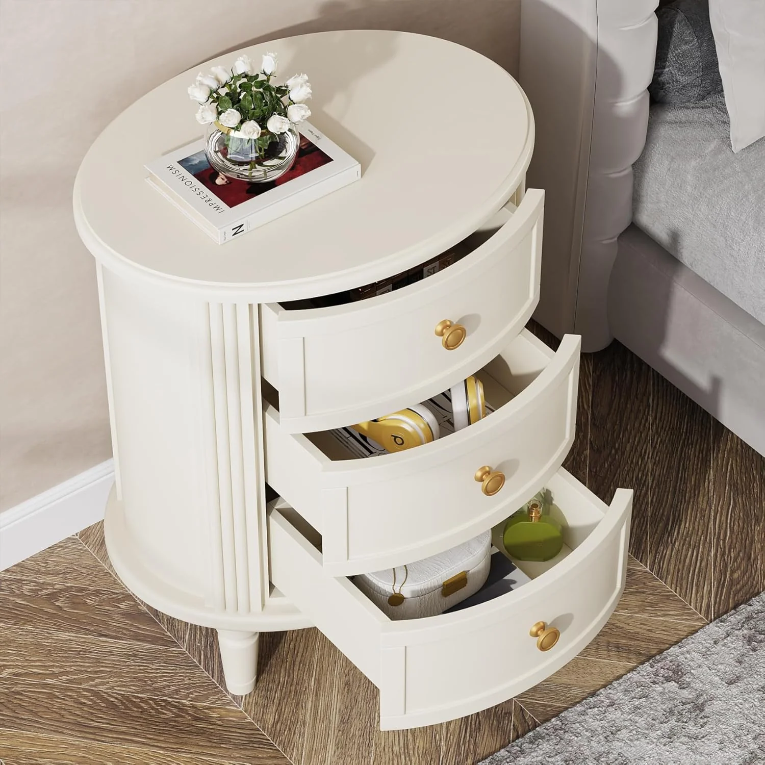 Wood Nightstand Bedside Table with 3 Drawers & Solid Wood Legs - Image 3