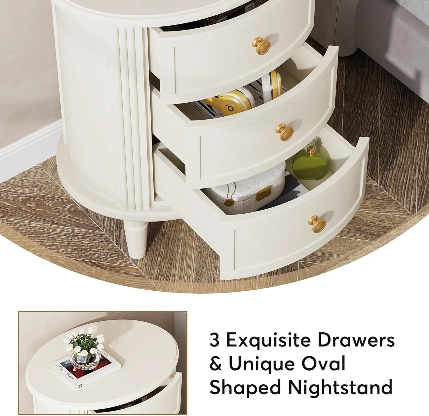 Wood Nightstand Bedside Table with 3 Drawers & Solid Wood Legs - Image 7