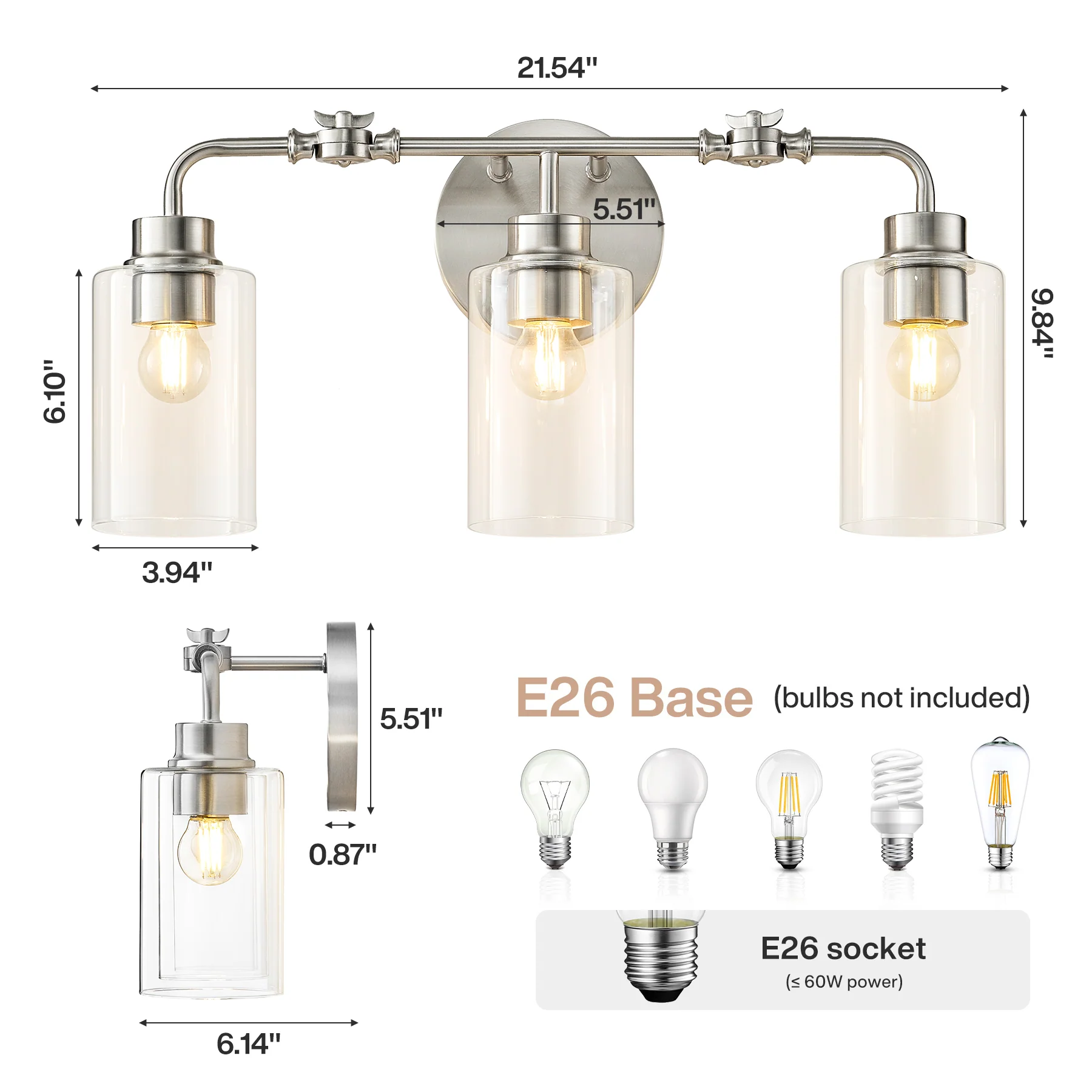 3-Light Bathroom Light Fixture, Modern Vanity Light with Clear Glass Shades - Image 2
