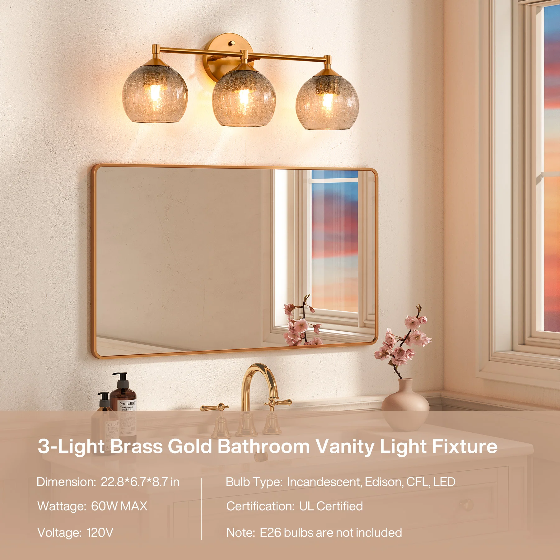 3-Light Bathroom Light Fixtures, Modern Wall Sconce Vanity Light with Grey Glass Shade (Bulbs Not Included) - Image 10