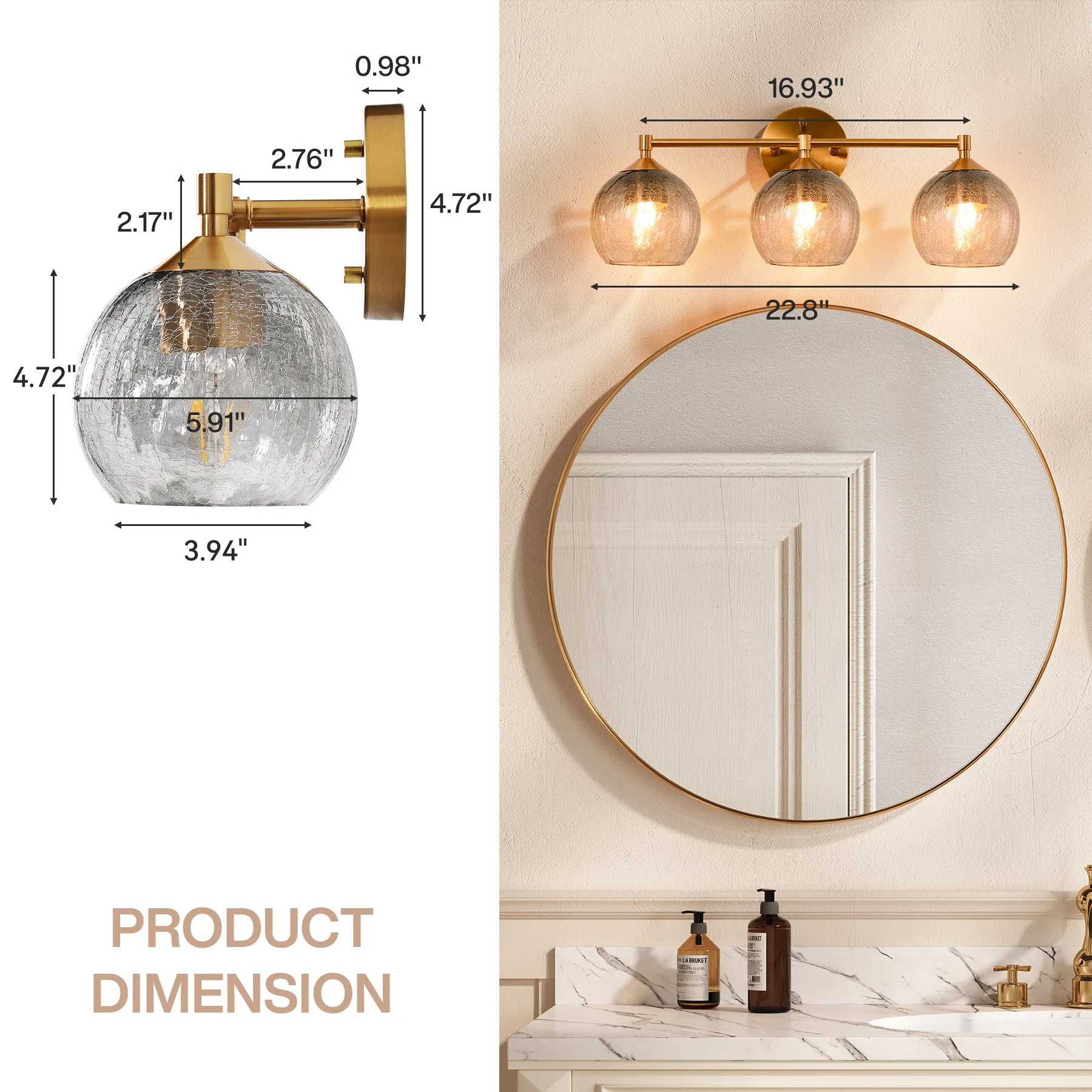 3-Light Bathroom Light Fixtures, Modern Wall Sconce Vanity Light with Grey Glass Shade (Bulbs Not Included) - Image 2