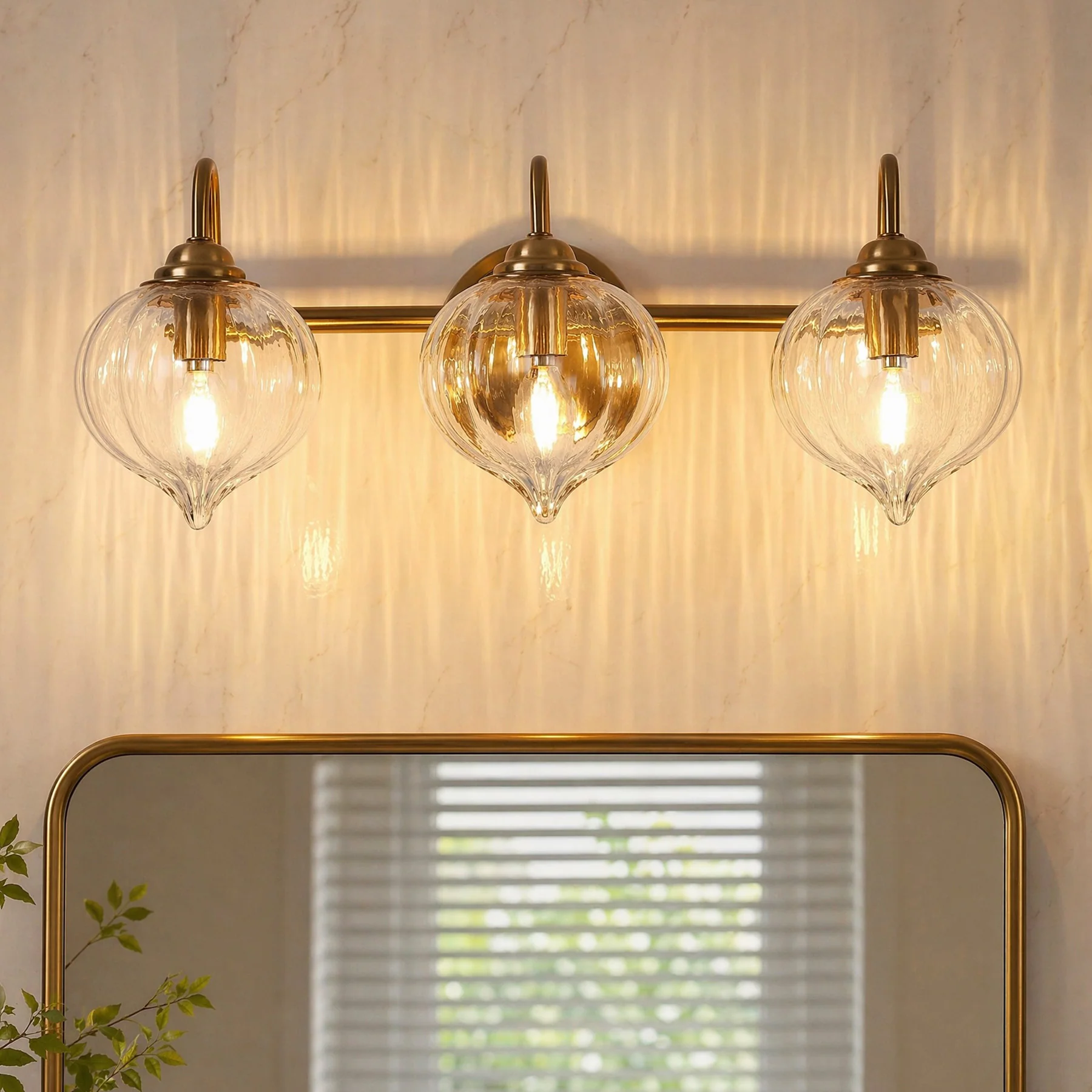 3-Light Bathroom Light Fixtures, Pumpkin Glass Vanity Light, Gold-Plated Metal - Image 4