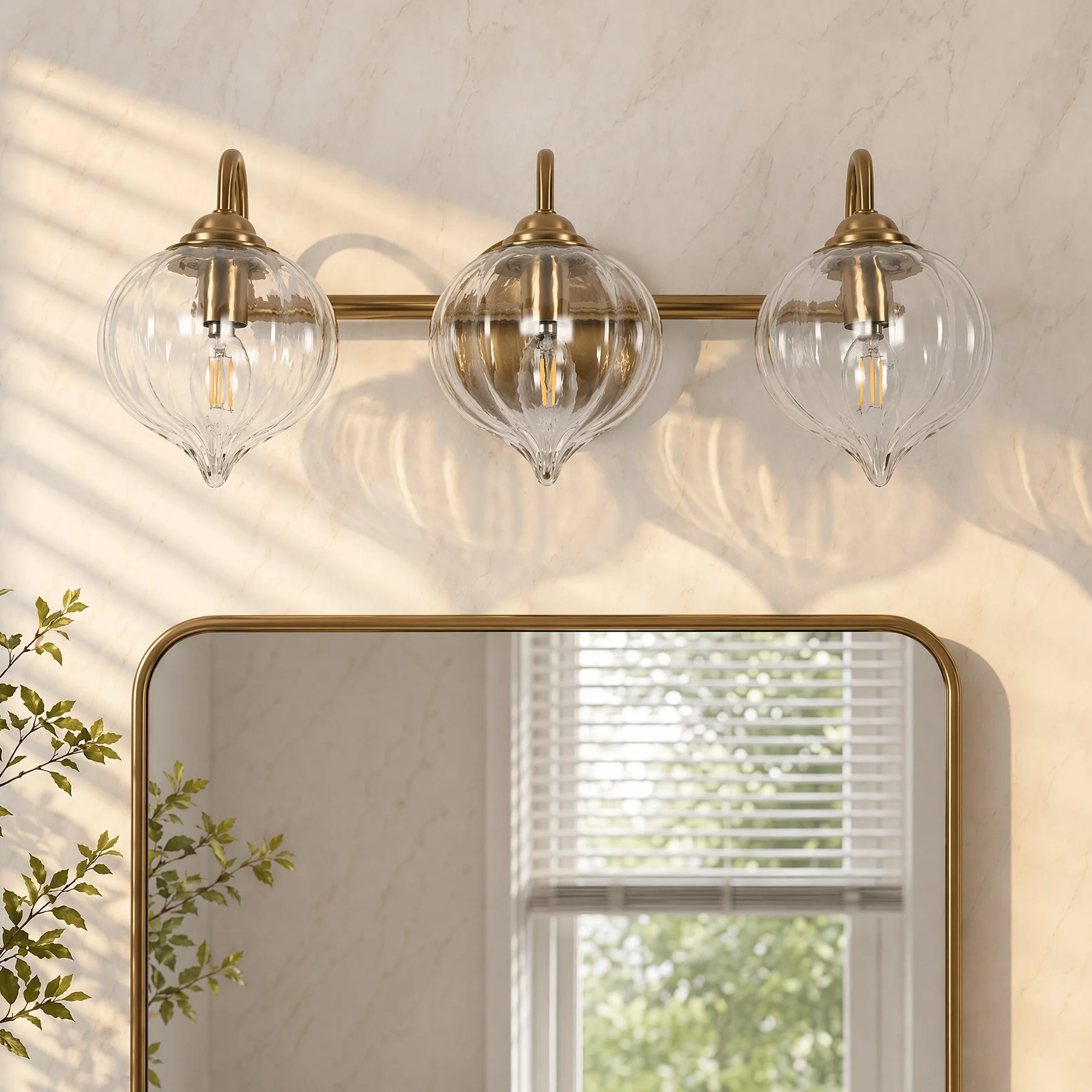3-Light Bathroom Light Fixtures, Pumpkin Glass Vanity Light, Gold-Plated Metal - Image 5