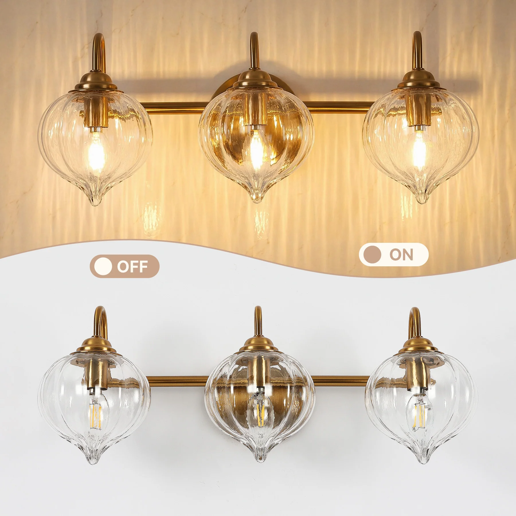 3-Light Bathroom Light Fixtures, Pumpkin Glass Vanity Light, Gold-Plated Metal - Image 6