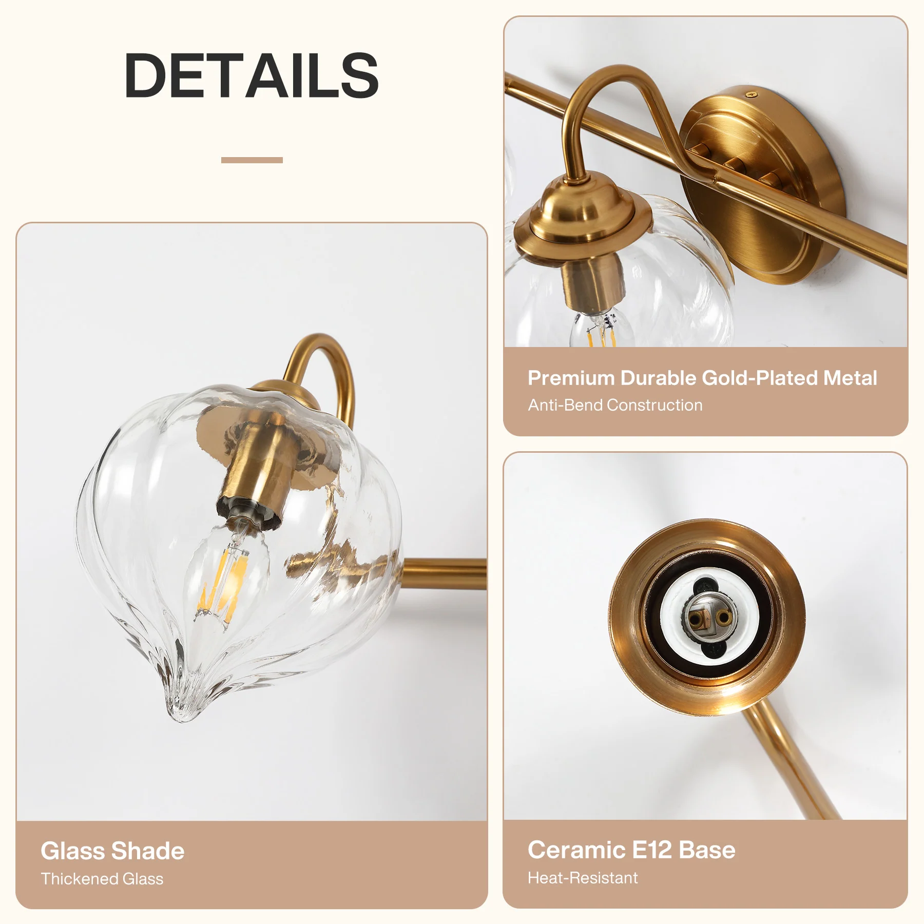 3-Light Bathroom Light Fixtures, Pumpkin Glass Vanity Light, Gold-Plated Metal - Image 7