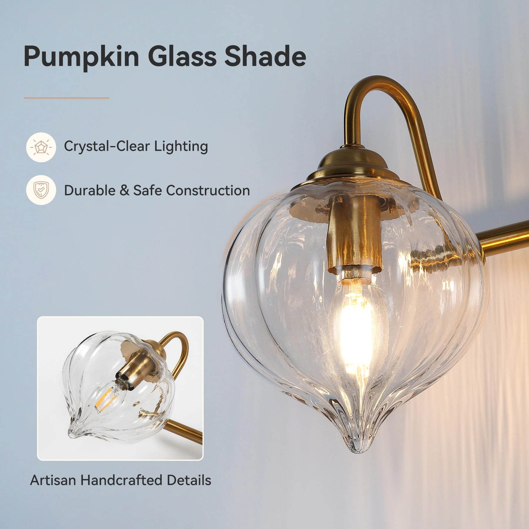 3-Light Bathroom Light Fixtures, Pumpkin Glass Vanity Light, Gold-Plated Metal - Image 8