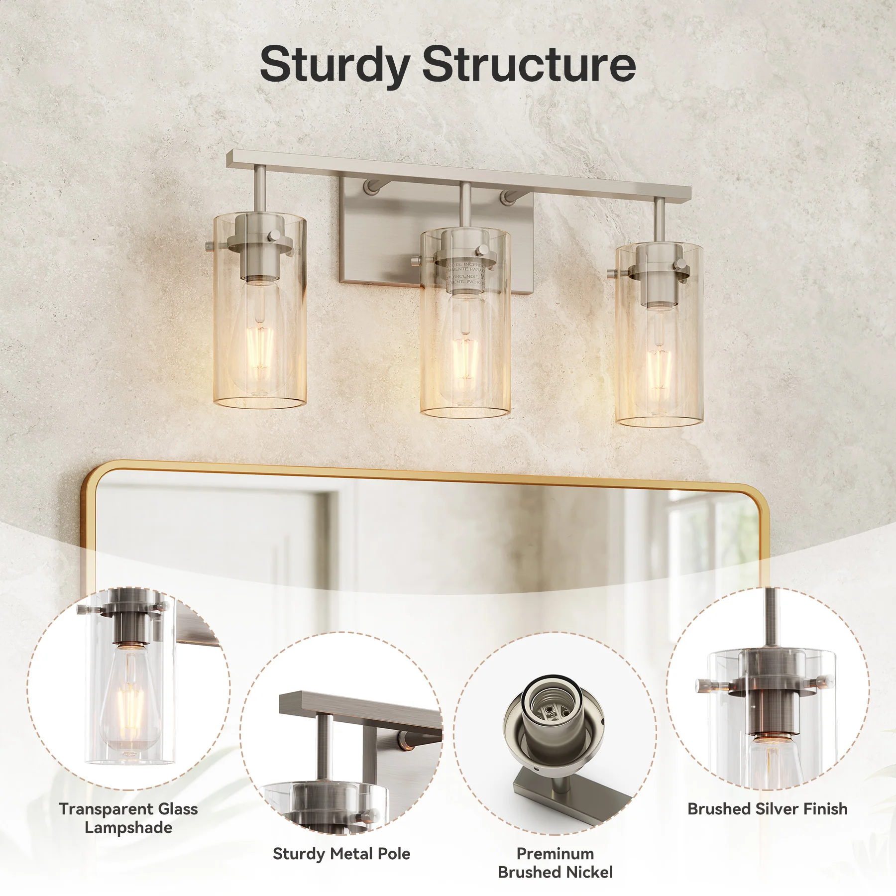 Bathroom Vanity Light Fixtures, 3-Light Wall Sconces Lighting with Clear Glass Shade - Image 6