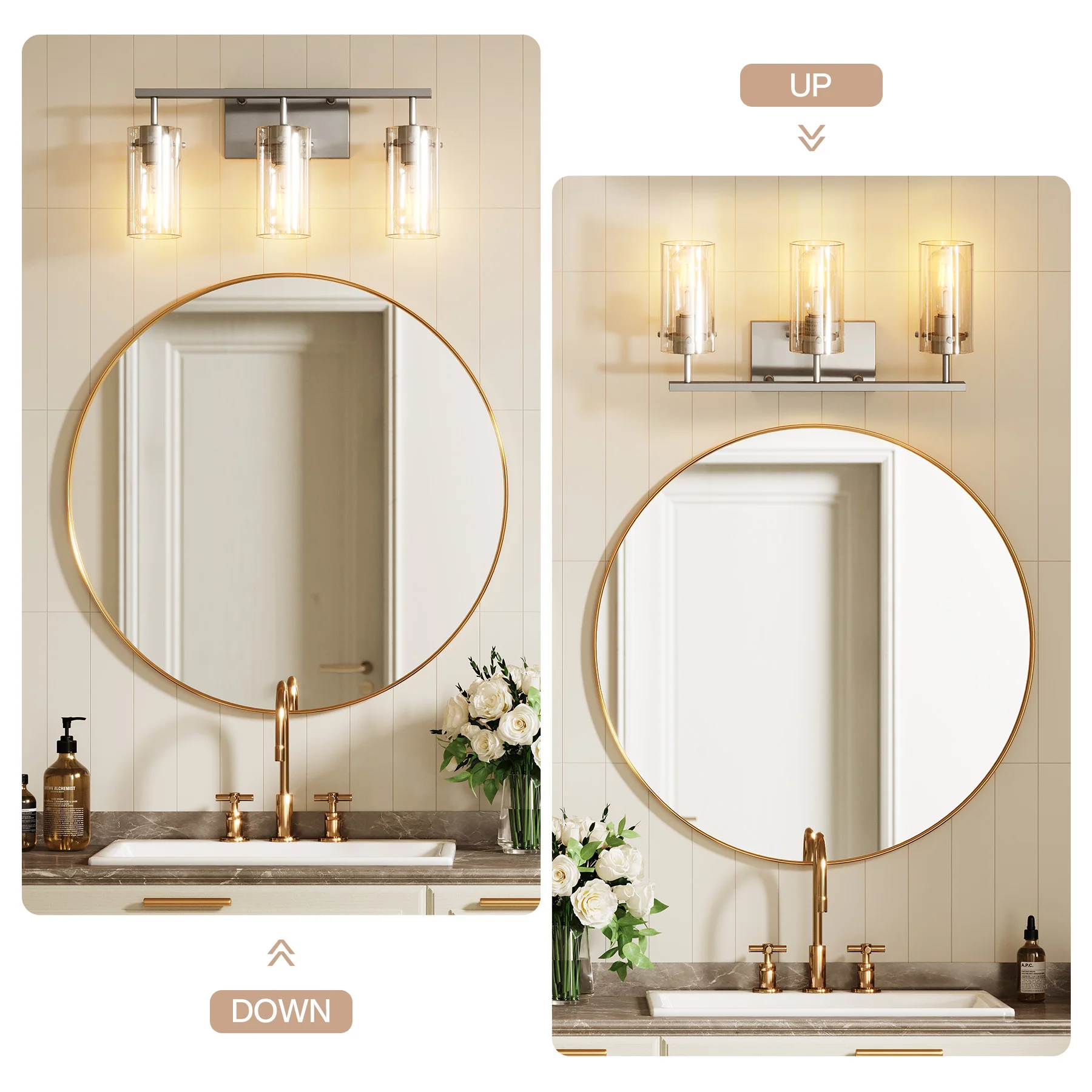 Bathroom Vanity Light Fixtures, 3-Light Wall Sconces Lighting with Clear Glass Shade - Image 8