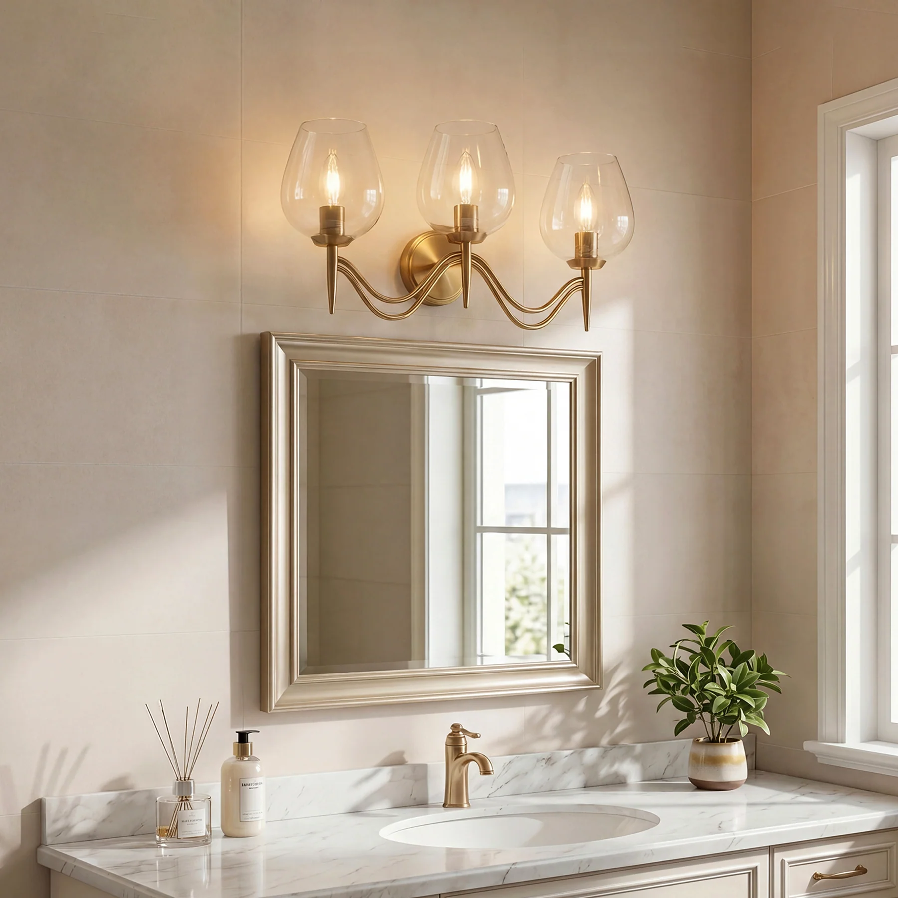 3-light Bathroom Vanity Light, Gold Metal & Clear Glass Wall Sconce With E12 Base - Image 4