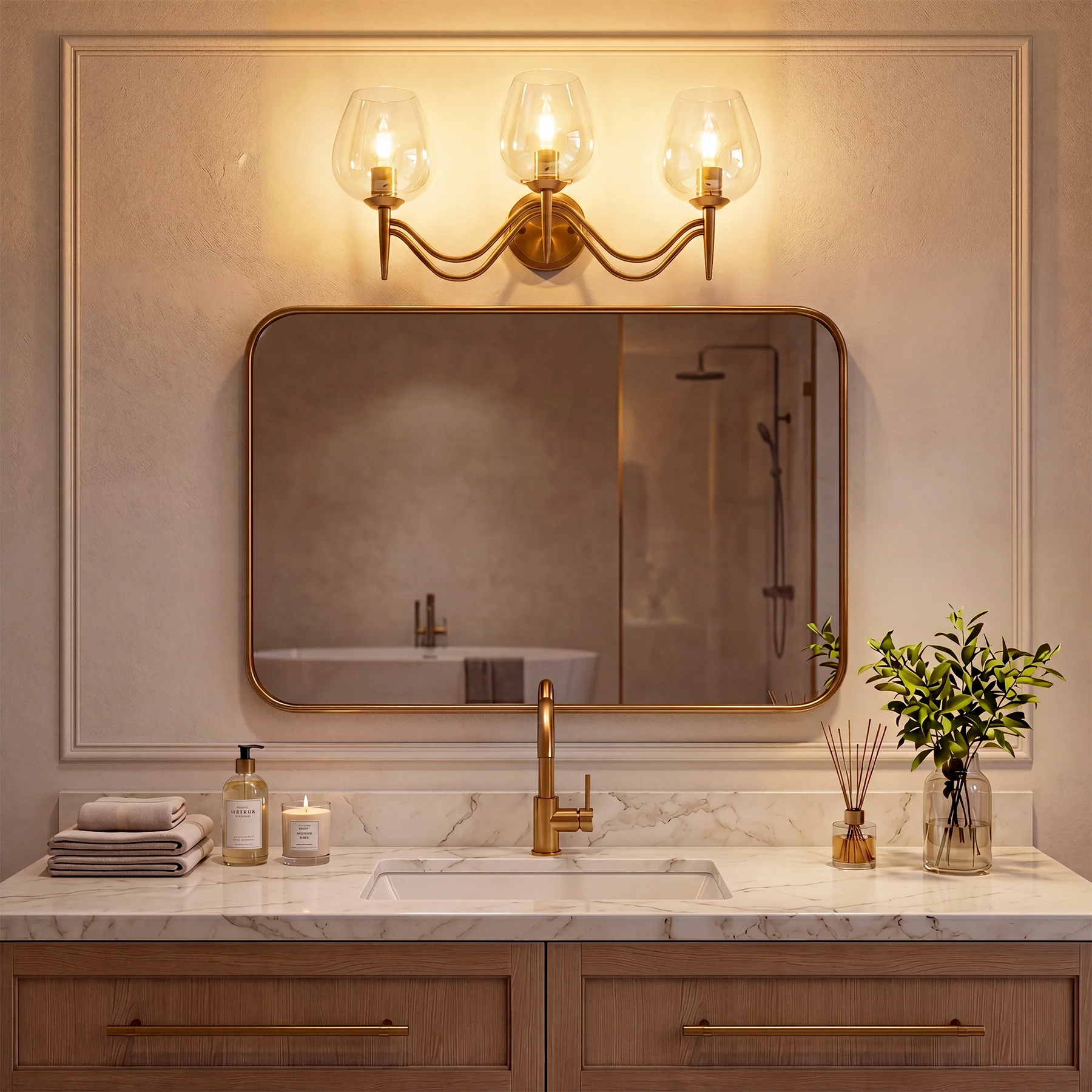 3-light Bathroom Vanity Light, Gold Metal & Clear Glass Wall Sconce With E12 Base - Image 6