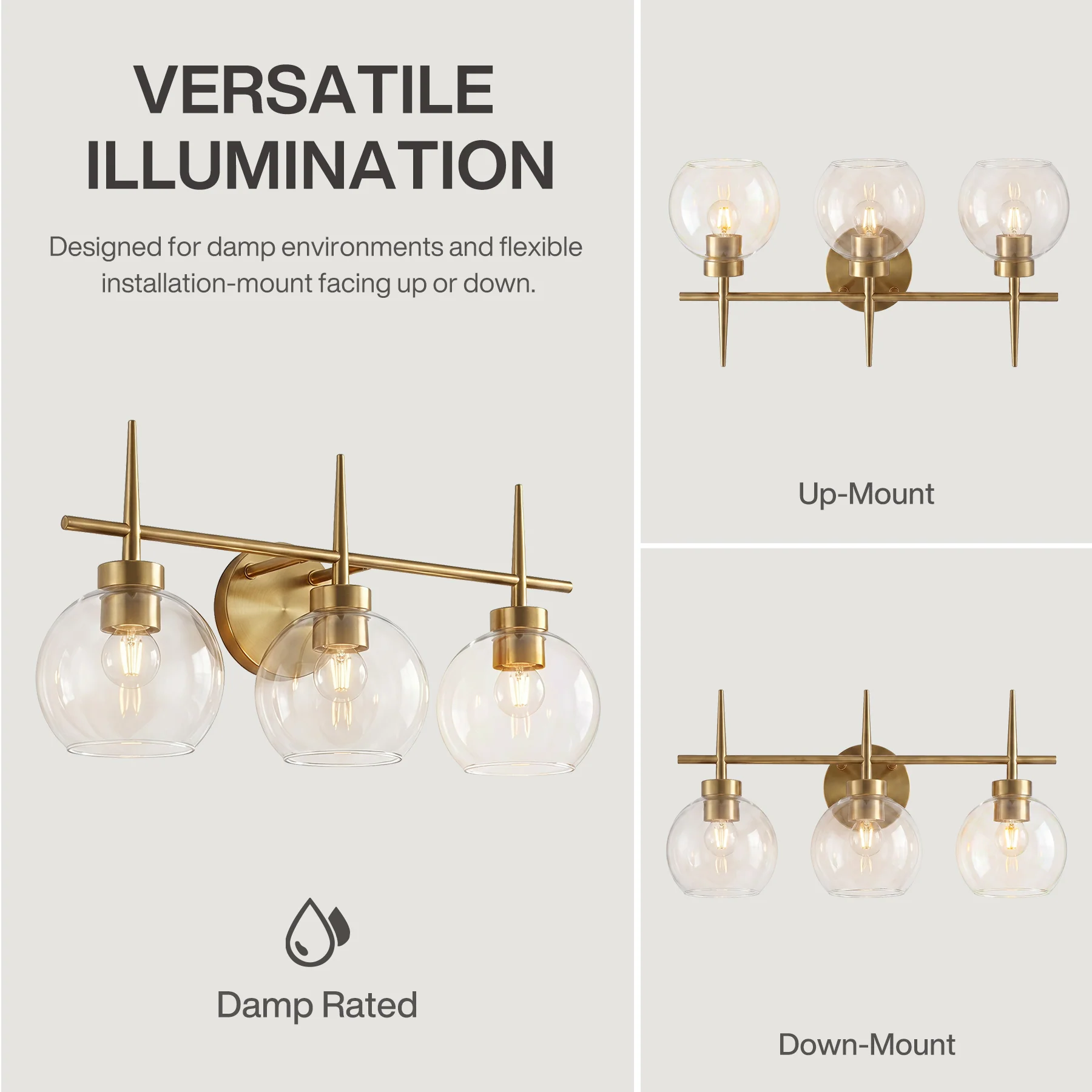 3-Light Bathroom Vanity Light, Modern Brass Finish Wall Sconce Fixture Over Mirror - Image 7