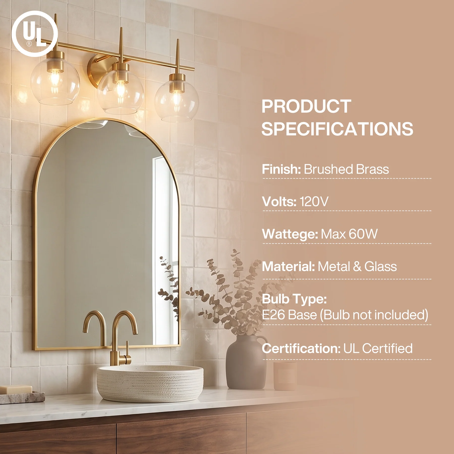3-Light Bathroom Vanity Light, Modern Brass Finish Wall Sconce Fixture Over Mirror - Image 8