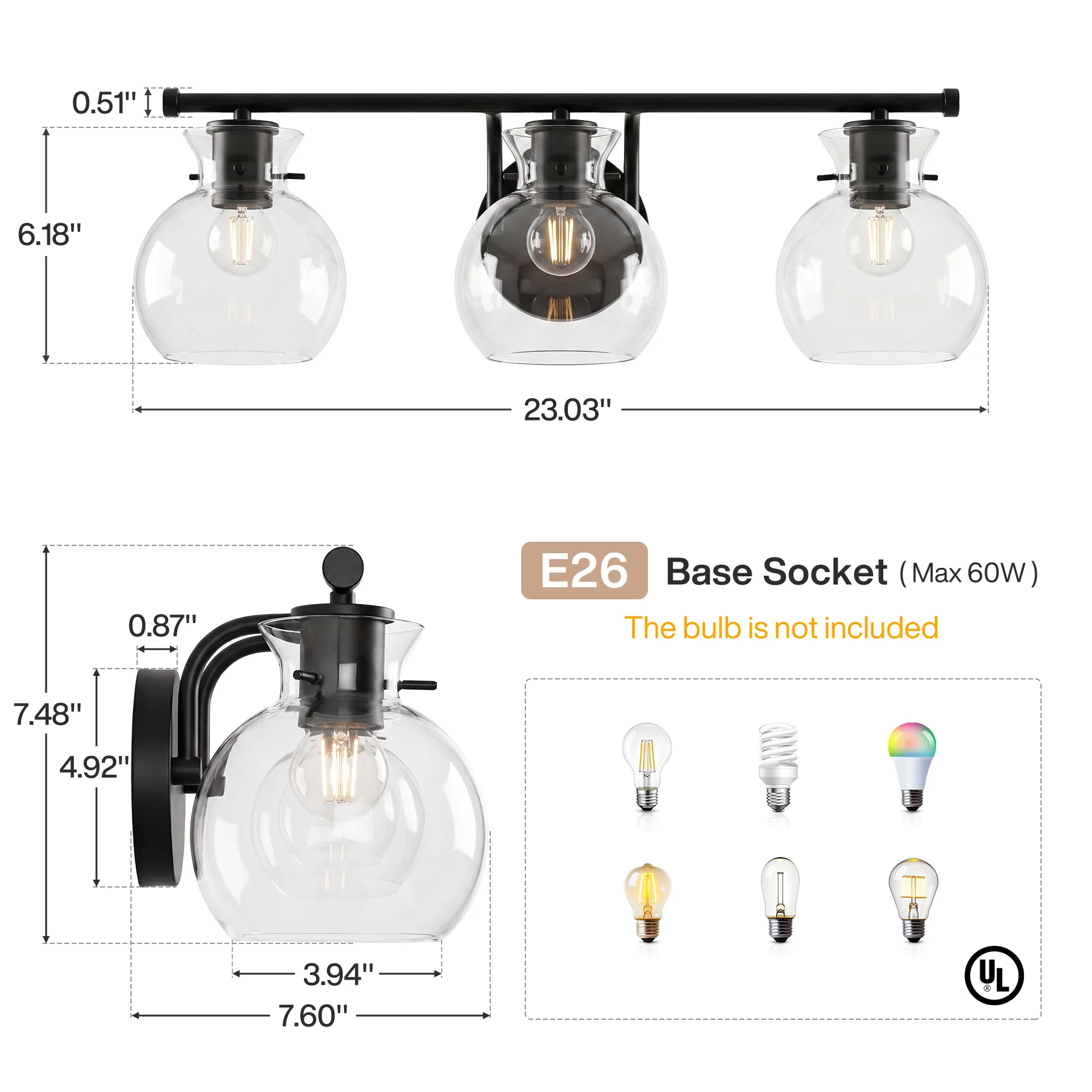3-Light Bathroom Vanity Light, Modern Wall Light Fixture with Clear Glass Shades - Image 2