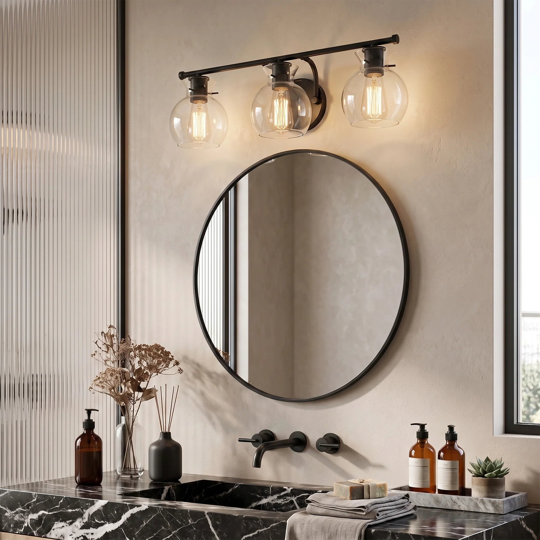 3-Light Bathroom Vanity Light, Modern Wall Light Fixture with Clear Glass Shades - Image 3