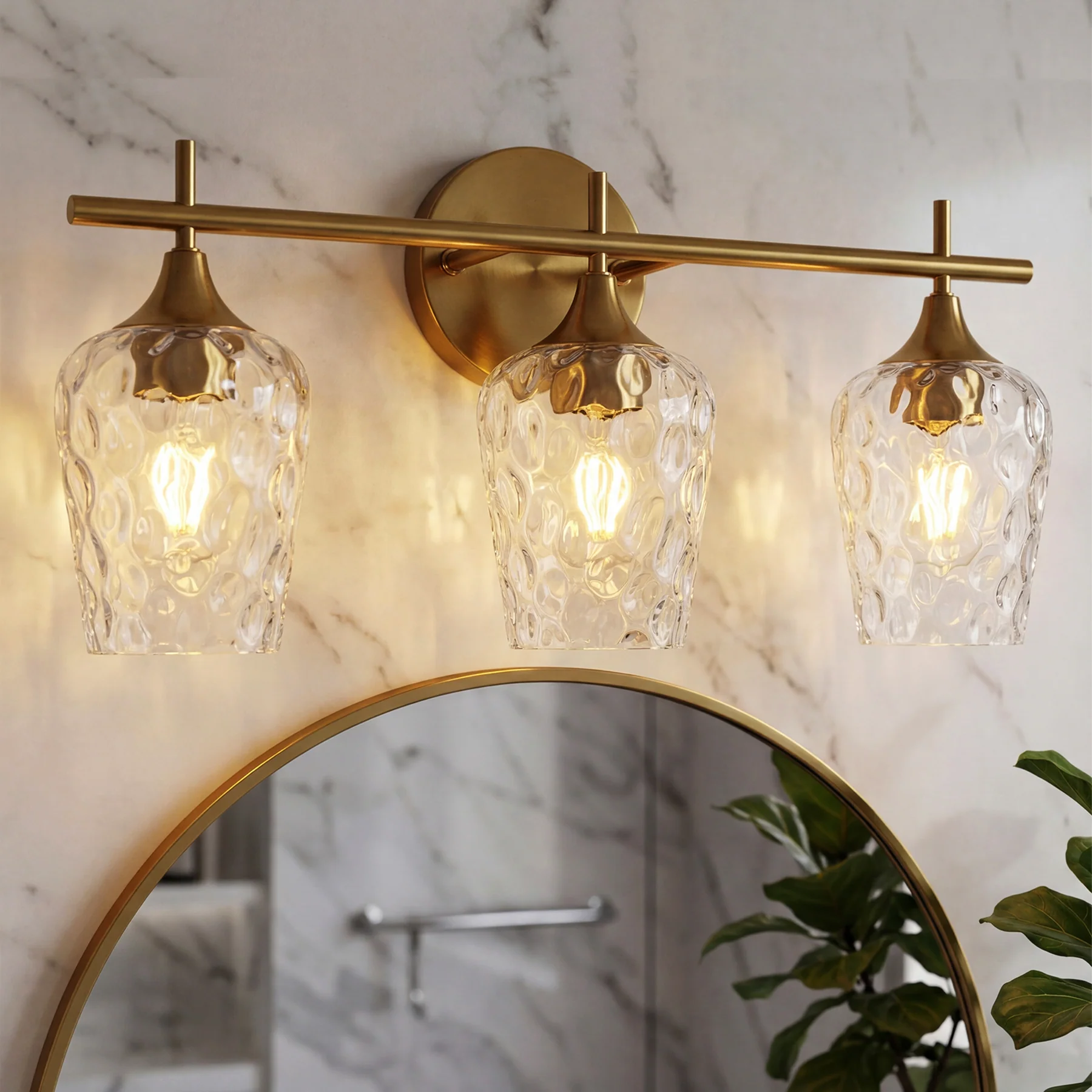 3-Light Bathroom Vanity Light, Modern Wall Sconce with Water Ripple Clear Glass Shades