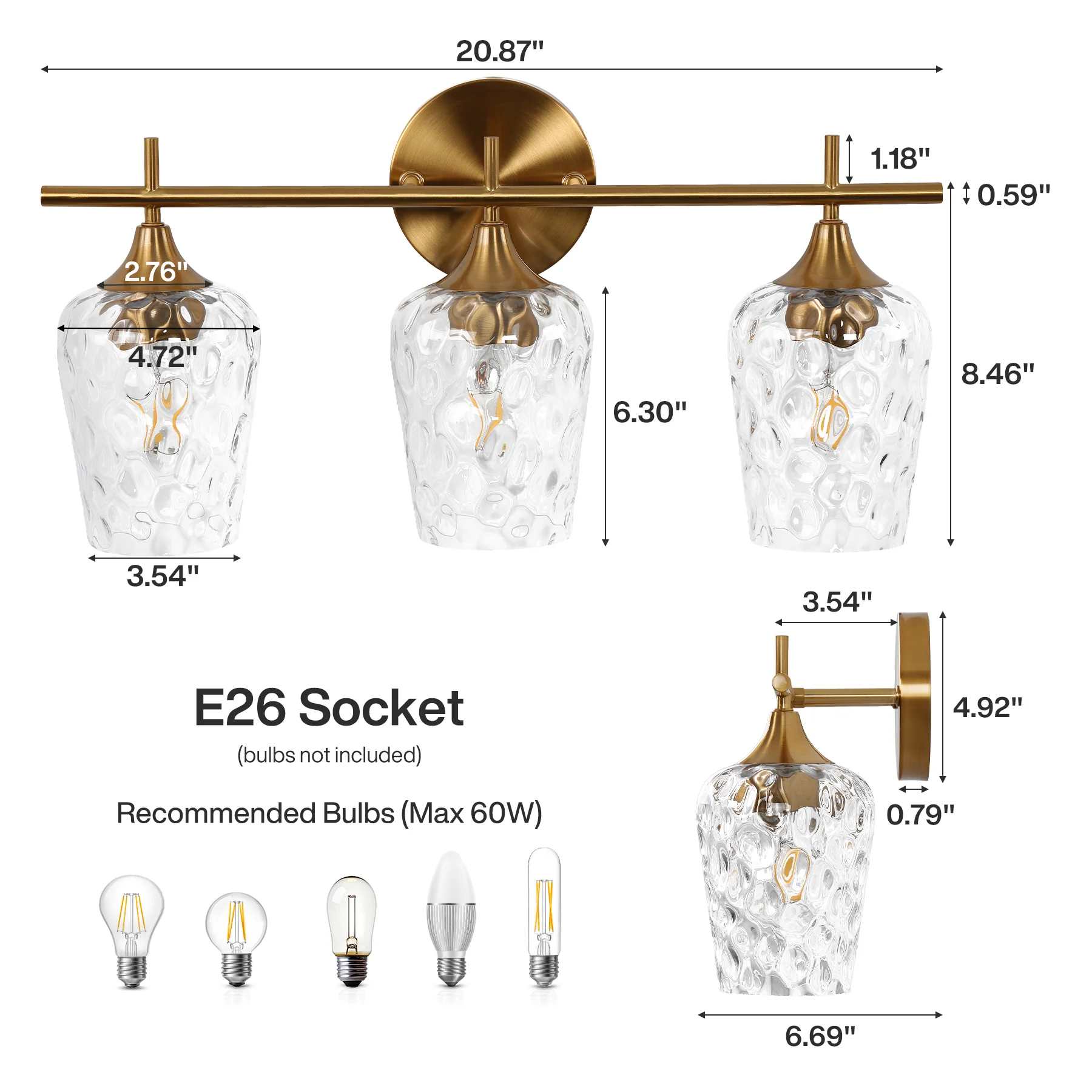 3-Light Bathroom Vanity Light, Modern Wall Sconce with Water Ripple Clear Glass Shades - Image 2