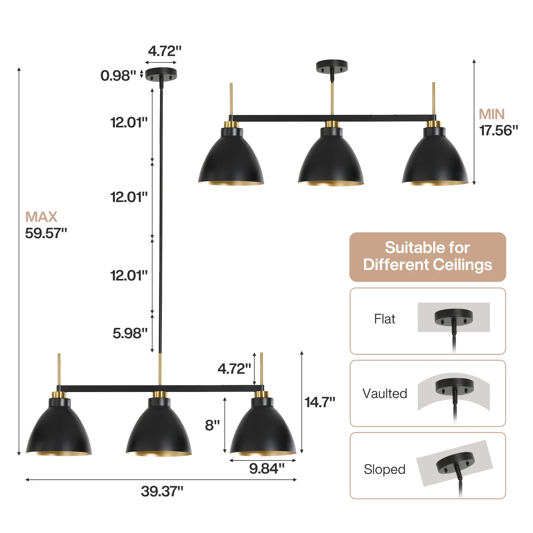 3-Light Linear Pendant Lighting, Kitchen Island Light Fixture with Adjustable Rods - Image 2