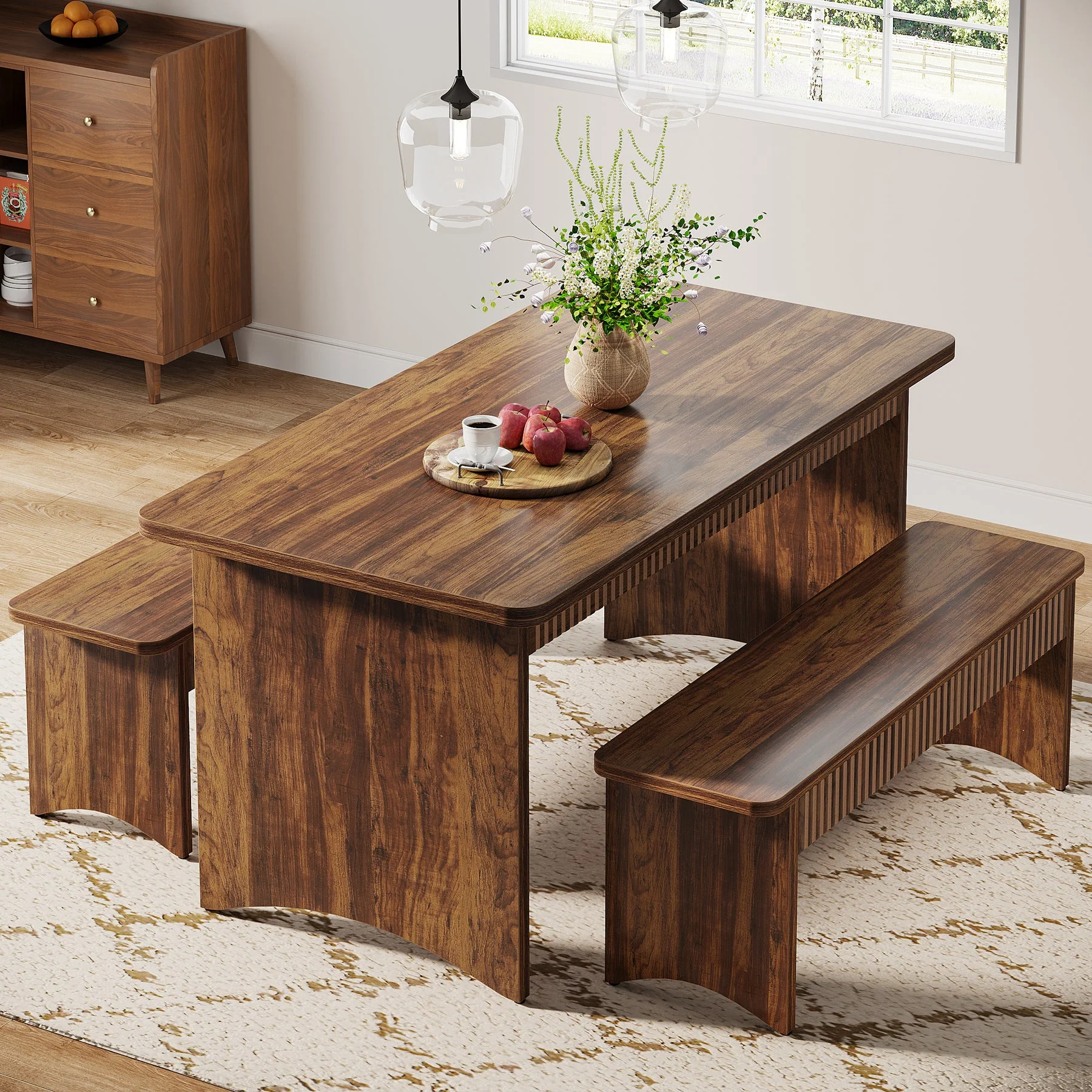 55" Kitchen Table with 2 Benches, 3-Piece Dining Table Set for 4-6 People - Image 3