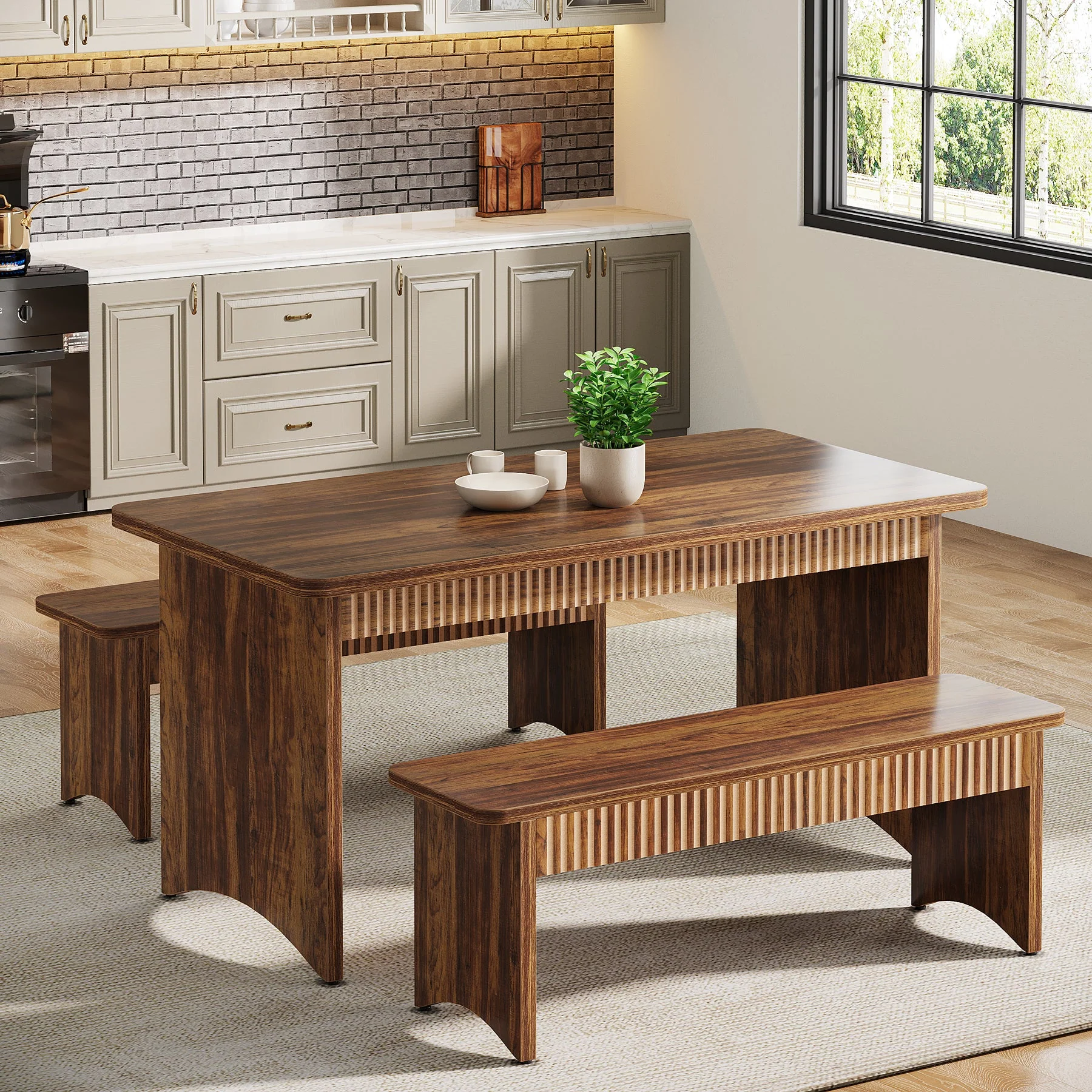 55" Kitchen Table with 2 Benches, 3-Piece Dining Table Set for 4-6 People - Image 4