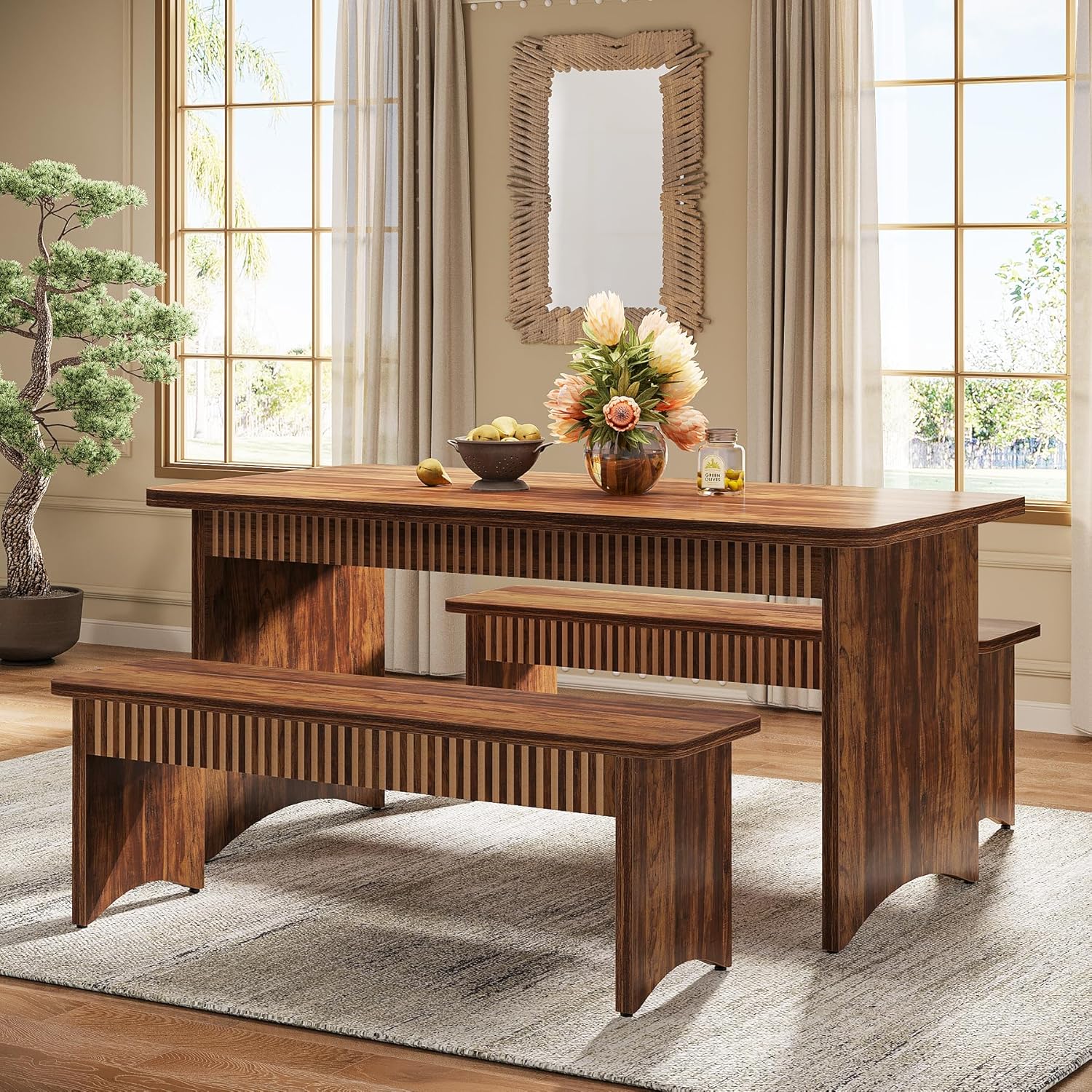 55" Kitchen Table with 2 Benches, 3-Piece Dining Table Set for 4-6 People - Image 5