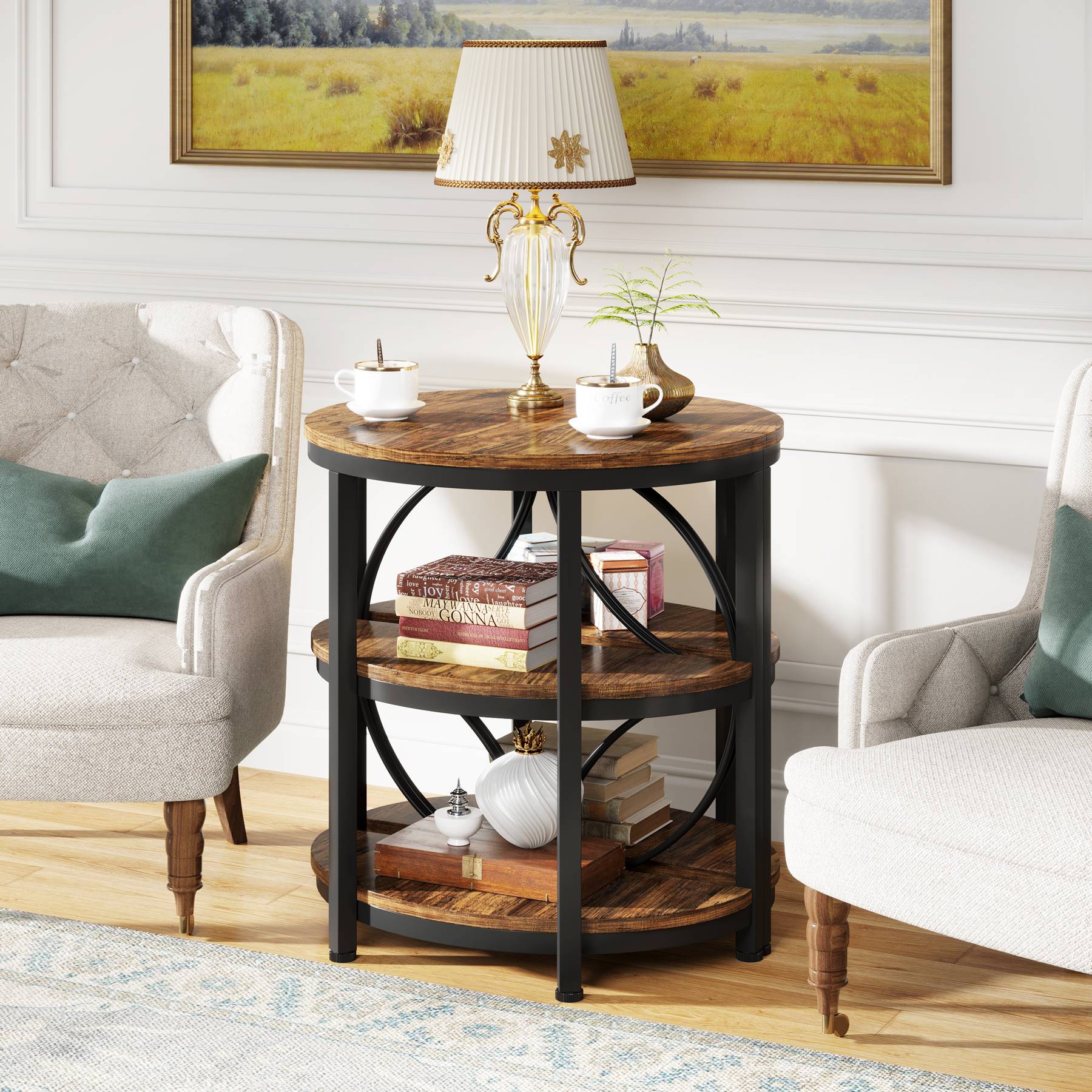 Half-Round End Table, 3-Tier Narrow Side Table with Metal Frame - Image 4