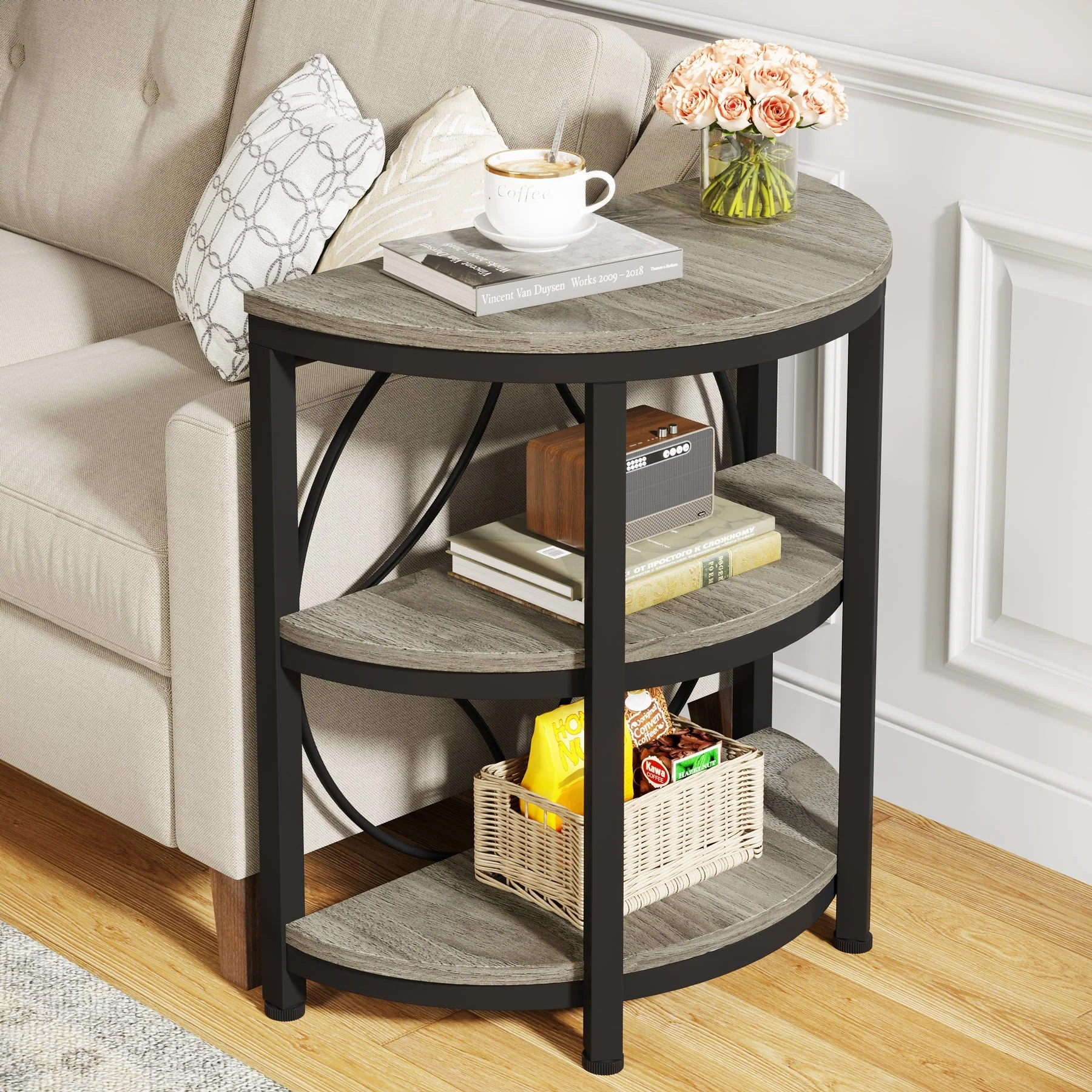 Half-Round End Table, 3-Tier Narrow Side Table with Metal Frame - Image 7