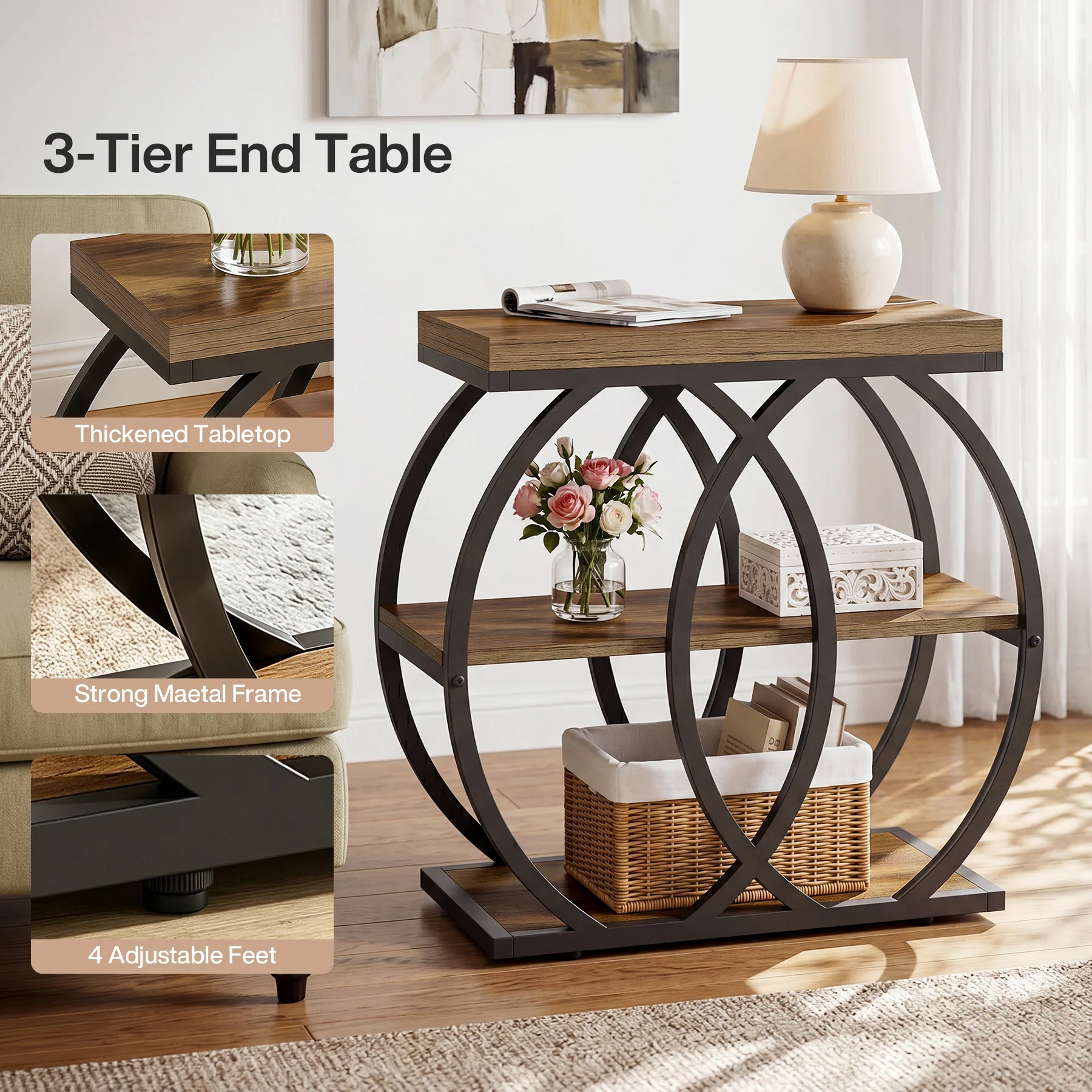 3-Tier Narrow End Table, Industrial Side Table with Metal Frame for Small Spaces - Image 7