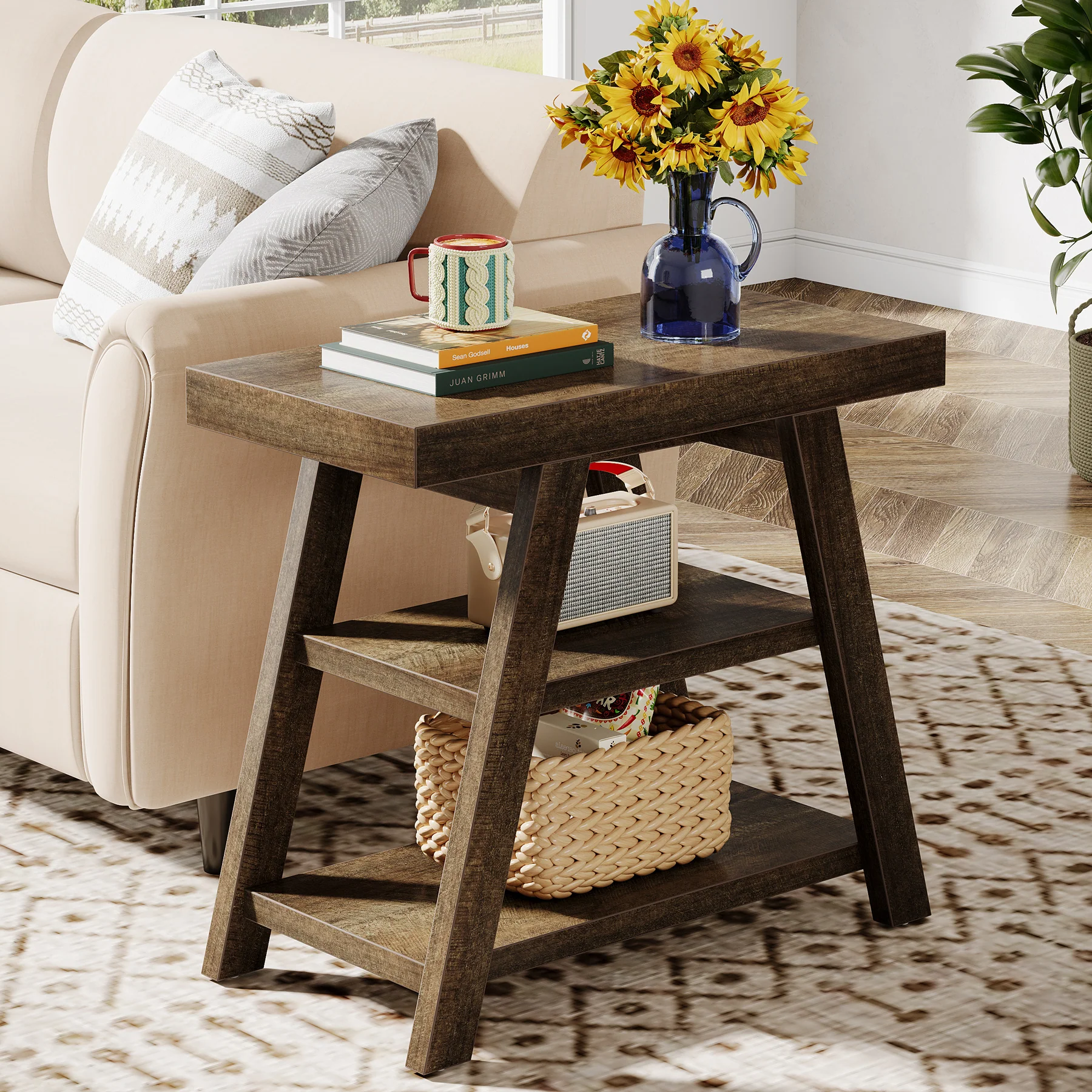 Farmhouse End Table, 3-Tier Sofa Side Table with Storage Shelf for Living Room - Image 3