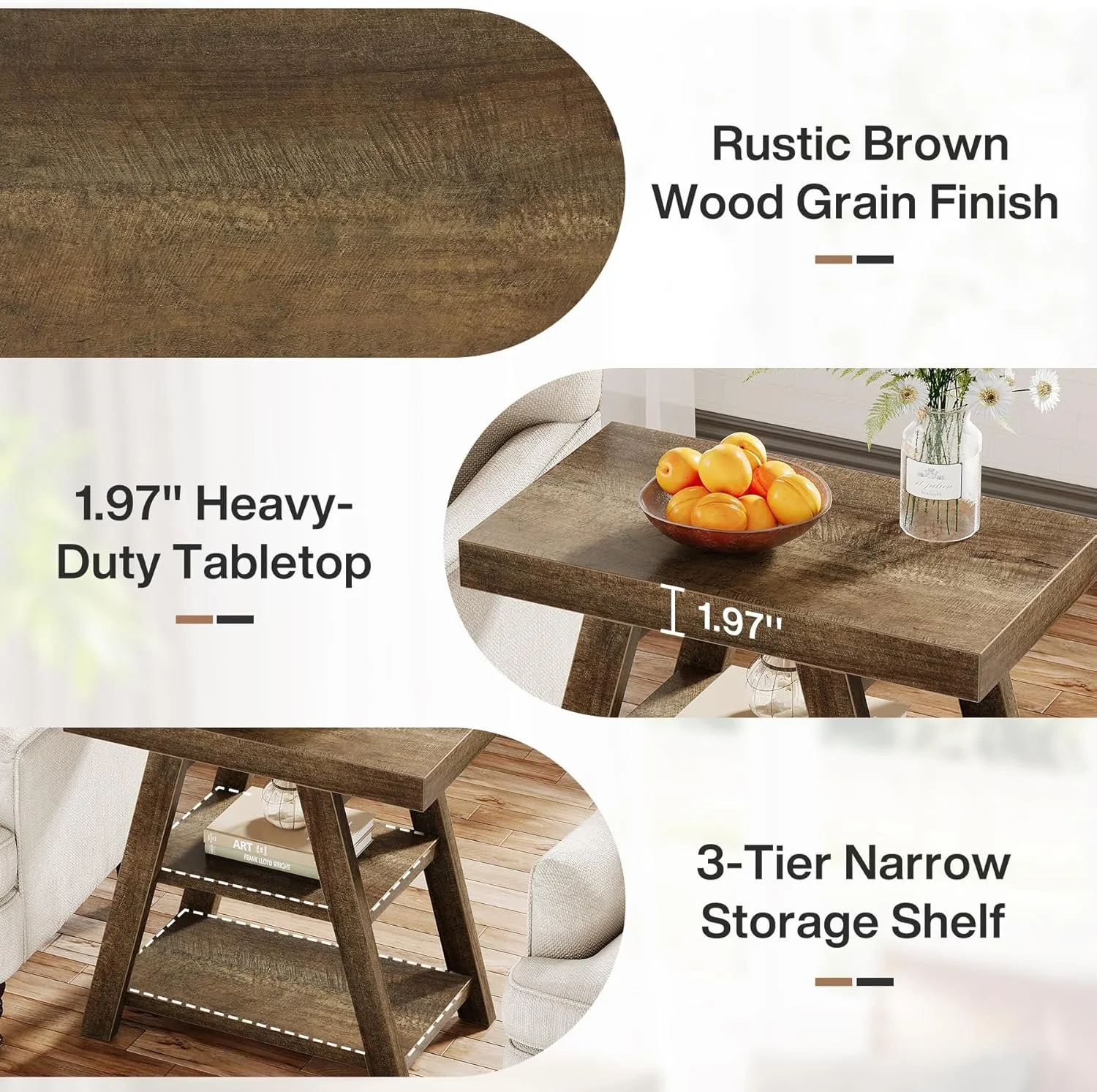 Farmhouse End Table, 3-Tier Sofa Side Table with Storage Shelf for Living Room - Image 7
