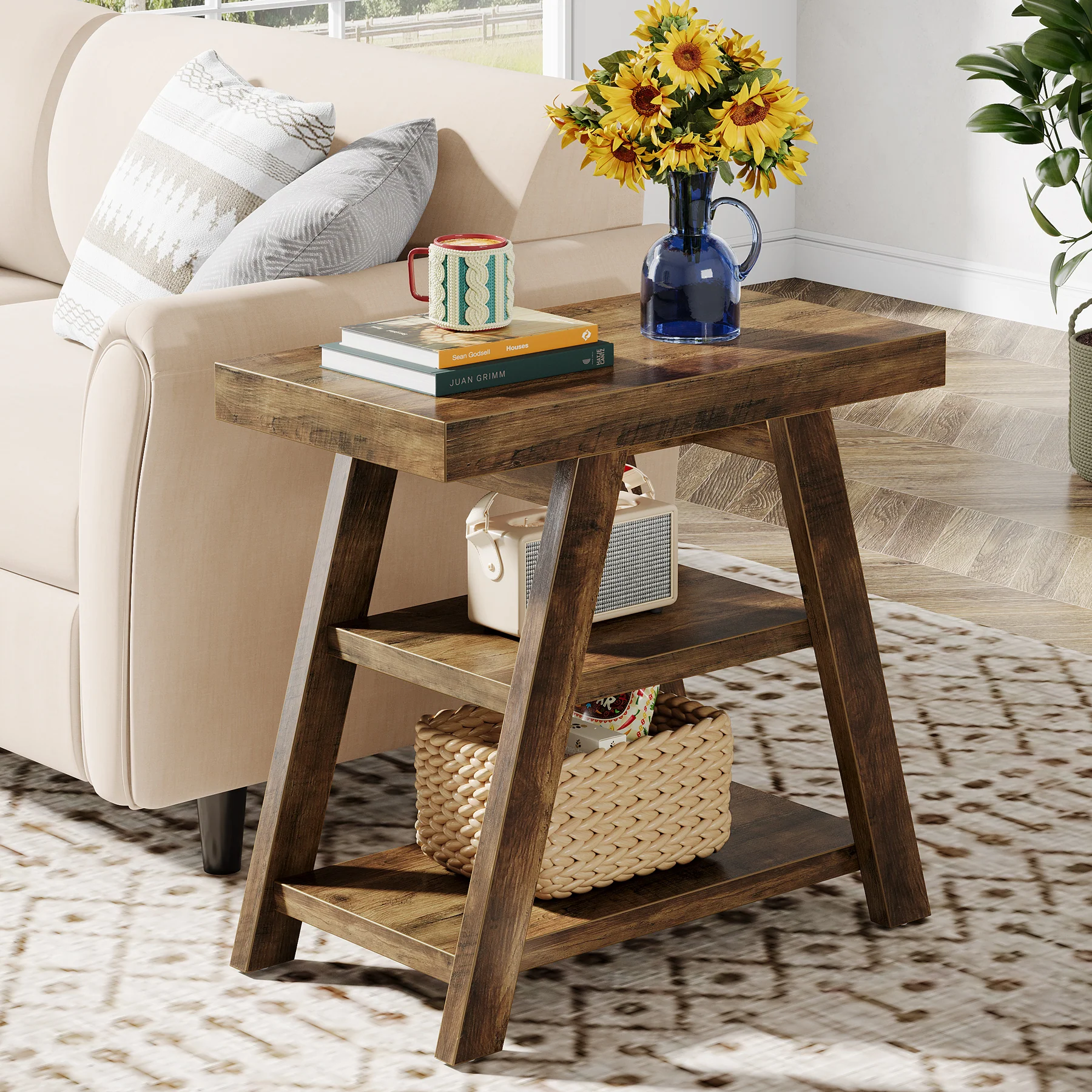 Farmhouse End Table, 3-Tier Sofa Side Table with Storage Shelf for Living Room - Image 9