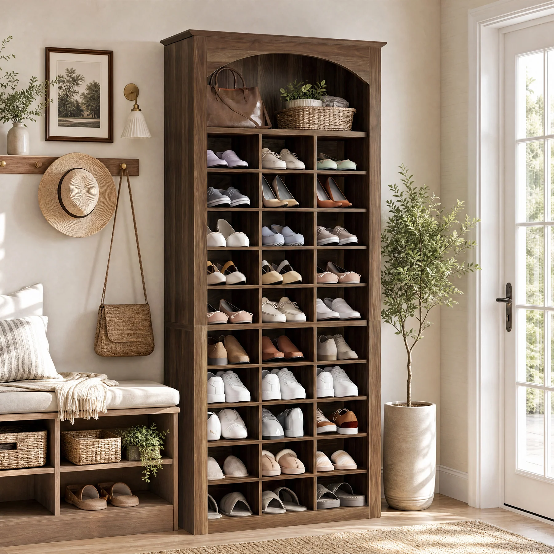 30-Cube Shoe Rack, 68.9" Shoe Cabinet with Arched Display Shelf for Entryway
