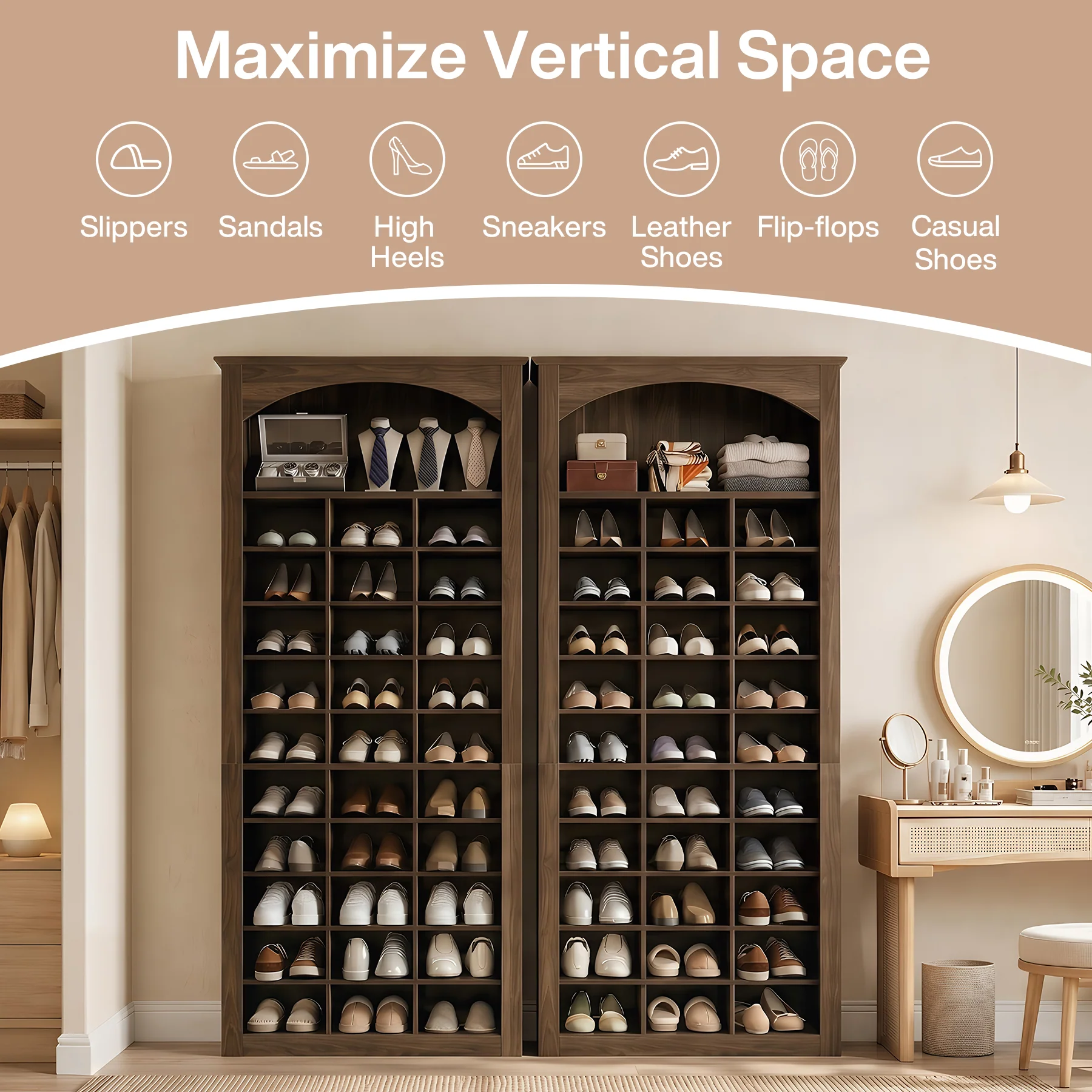30-Cube Shoe Rack, 68.9" Shoe Cabinet with Arched Display Shelf for Entryway - Image 6