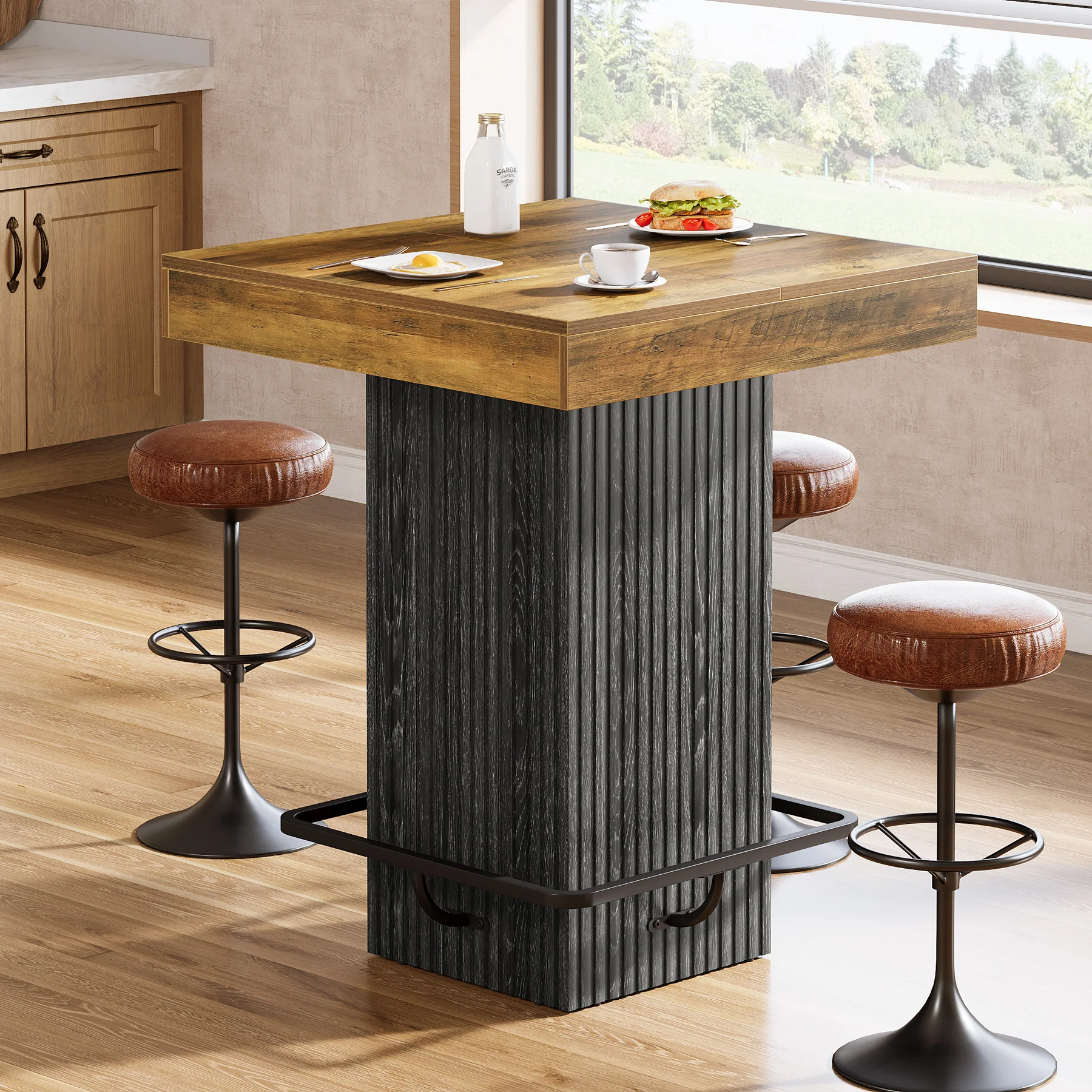 31.5" Bar Table, Square Dining Table Counter Height Table with Metal Footrest - Image 3