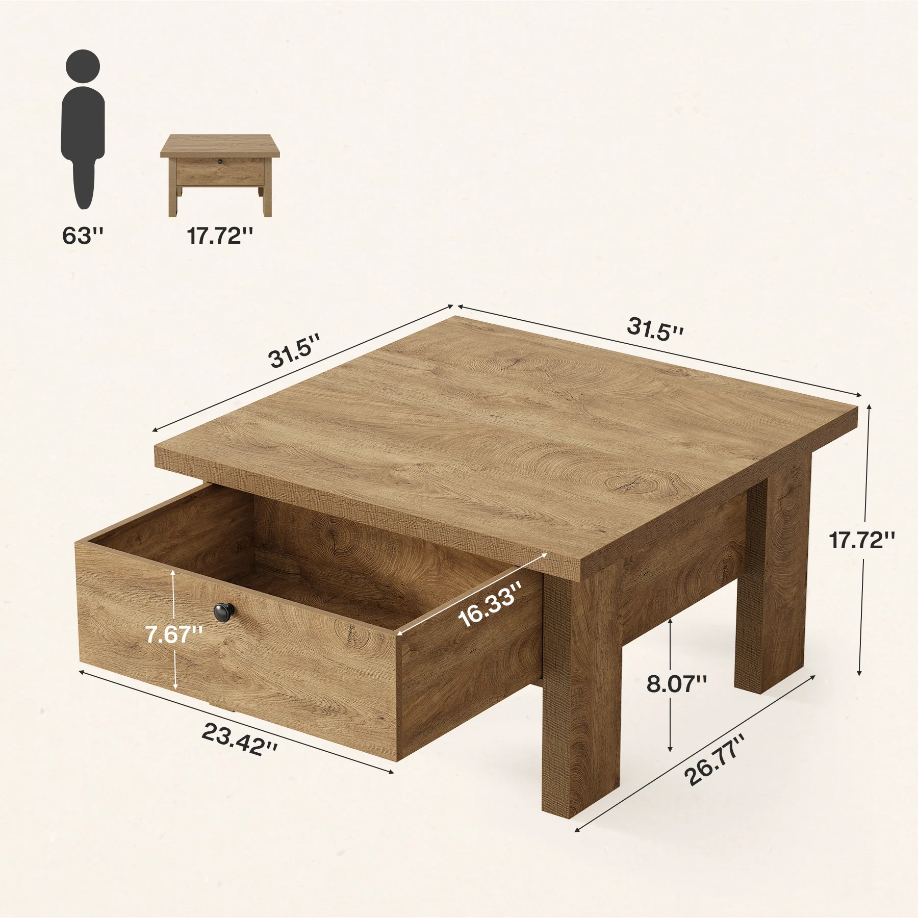 31.5" Coffee Table, Square Center Tea Table with Storage Drawer - Image 2