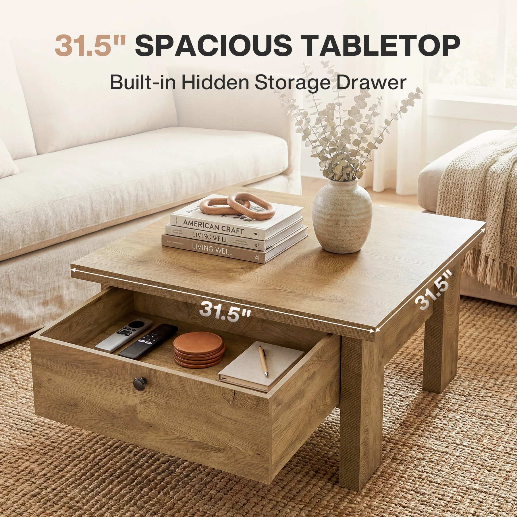 31.5" Coffee Table, Square Center Tea Table with Storage Drawer - Image 8