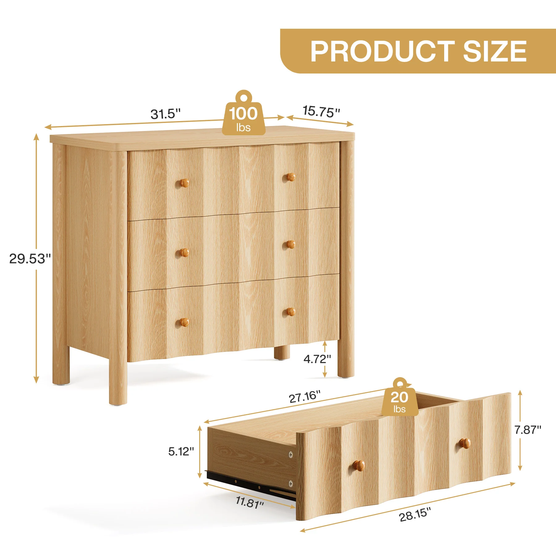 31.5" Nightstand, Modern Oversized Bedside Table with 3 Drawers for Bedroom - Image 2